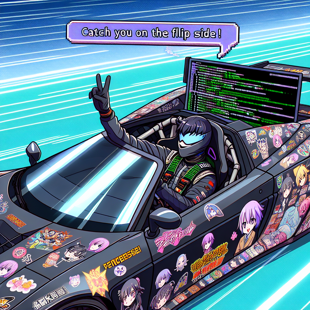 Create a lighthearted cartoon. This scene depicts a Black racecar driver inside the cockpit of his supercar. The exterior of his flashy car is adorned with a myriad of Japanese anime stickers, adding a vibrant flare to his vehicle. He is dressed in a specialized racing suit and flashes a peace sign to signal his departure. Simultaneously, a holographic display in the cockpit showcases lines of software code being written at an extraordinary speed. As he launches off the starting line, a speech bubble trails behind with the text 'Catch you on the flip side!'. This scene serves as a fun and appropriate farewell for an individual who holds passion for racing, anime, and code programming.
Generated with these themes: Racing, SW Programming, Japanese Anime, Black Skin, and Super Cars.
Made with ❤️ by AI.