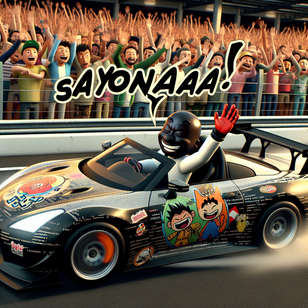 A humorous farewell scene unravels at a lively racetrack. Amidst a crowd of enthusiastic fans, an animated figure with black skin cheerfully waves from the driver's seat of a streamlined sports car featuring decals of widely recognized cartoon characters from Japan. The dashboard glows with lines of code, highlighting the character's skill in software programming. As the car rapidly accelerates, leaving a trail of dust behind, the phrases 'Sayonara, Speedster!' materialize in bold, playful script overhead.
Generated with these themes: Racing, SW Programming, Japanese Anime, Black Skin, and Super Cars.
Made with ❤️ by AI.
