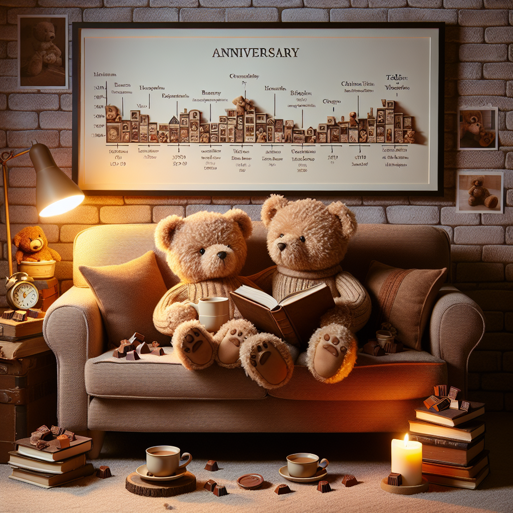 Create an image depicting a charming pair of teddy bears sitting on a plush couch. They have a timeline of their shared history etched on the wall behind them, indicating their long-standing relationship. Both teddy bears have open books resting on their laps, signifying a mutual fondness for reading. Each teddy bear is enjoying a steaming cup of tea, symbolizing comfort and relaxation. Scattered around them are pieces of chocolate, which stands as a symbol of their enduring love. The ambiance is warm, suggesting a celebration of their anniversary.
Generated with these themes: Teddy Bears, History, Reading, Tea, and Chocolate.
Made with ❤️ by AI.