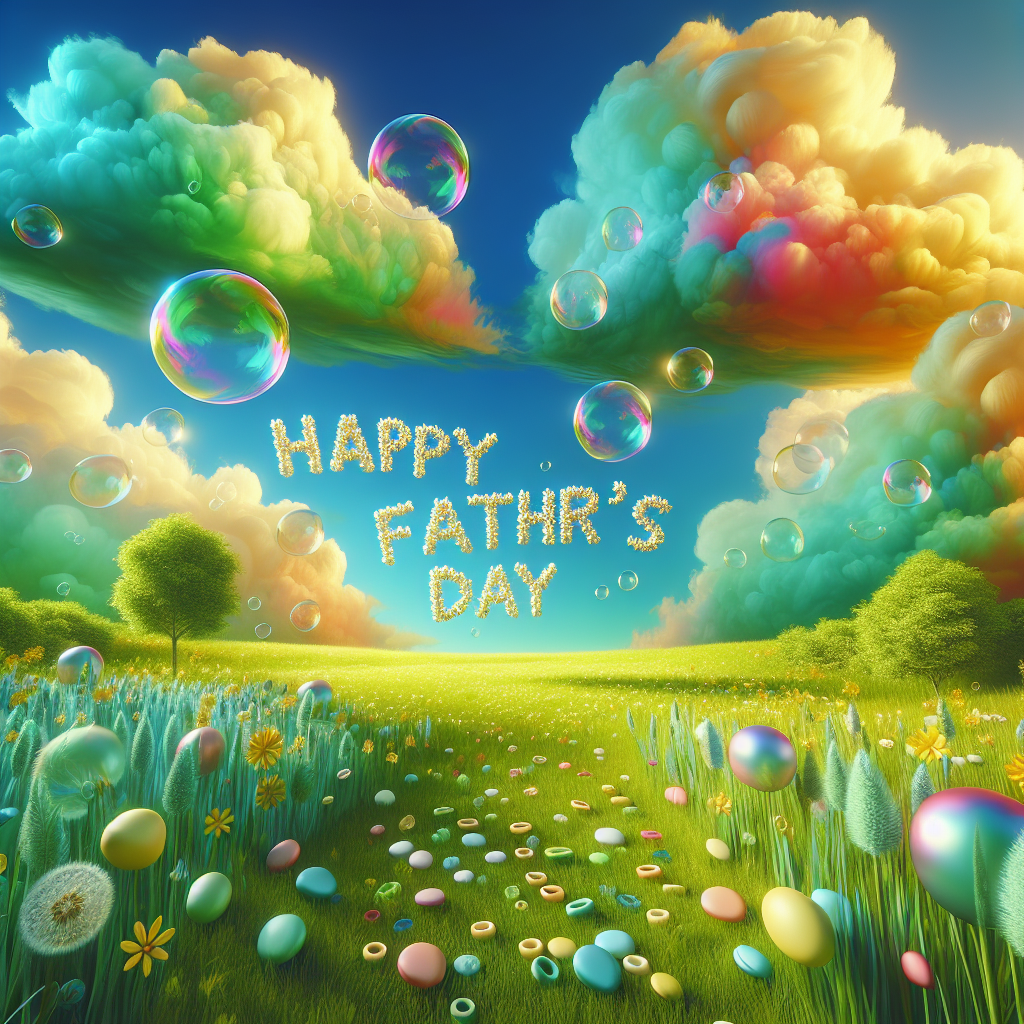 Picture a radiant, sunlit meadow showcasing soft, fluffy clouds congregating to form the words 'Happy Father's Day' amidst the azure sky. Lively clusters of large, iridescent bubbles float languidly in the balmy breeze, their surfaces mirroring the dynamic shades of emerald and daffodil emanating from the encompassing grass and blooms. Strewn across the verdant expanse, small macaroni pieces, adorned in a spectrum of pastel hues, lay a charming trail towards a singular heart-shaped tree standing as a symbol of love and admiration for fathers across the globe.
Generated with these themes: Big bubbles, and Little macaroni.
Made with ❤️ by AI.