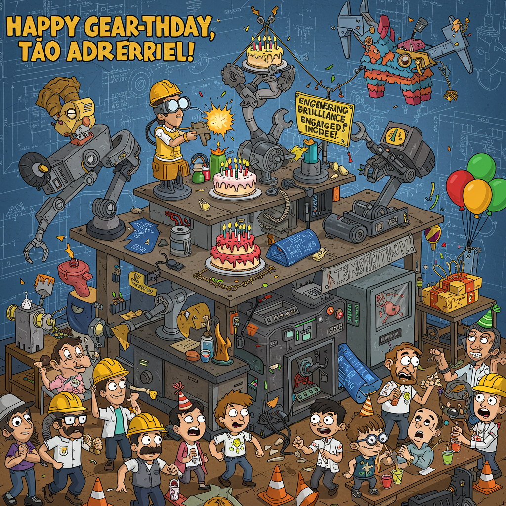 **Prompt for AI Image Generator (Cartoon Style, Funny Birthday Theme, Engineering Inspired):**

At the top of the cartoon image, it says: **“Happy Gear-thday, Tío Adriel!”**

Create a humorous, cartoon-style illustration of an over-the-top "birthday invention" created by a cartoon version of Tío Adriel — a wacky contraption made entirely of gears, robotic arms, duct tape, blueprints, and a suspiciously wobbly bridge that’s somehow launching balloons. One robotic arm is holding a birthday cake that's smoking slightly, another is firing party hats onto unsuspecting party guests. A circuit-board-themed banner dangles precariously above, flashing "Engineering Brilliance Engaged." Around the invention, amazed party guests (some in hard hats, others looking mildly concerned) are celebrating amidst construction cones and tangled wires. In the background, a mechanical piñata shaped like a wrench dangles above the crowd, waiting to be whacked with a comically large caliper.

Mood: Lighthearted, absurd, chaotic but genius — like if Rube Goldberg designed your birthday party.

Color palette: Bold primaries with blueprint blues and metallic accents. Add blueprint diagrams sketched lightly in the background to emphasize the engineering vibe.

Make it busy, bright, and fun—like a mad scientist's workshop turned into a birthday bash.
Generated with these themes: Front Cover: A sleek design featuring gears, circuit patterns, and drafting tools, symbolizing the essence of engineering. In the center, a bold text reads: "Engineering Brilliance, One Year at a Time: Happy Birthday, Adriel!" Inside the Card: On the left side: A graphic of interconnected gears or a bridge under construction, showcasing the creative and technical aspects of engineering. On the right side: A heartfelt message, like: "Happy Birthday to an extraordinary engineer! Your vision, creativity, and dedication inspire everyone around you. May this year bring more incredible designs, successful projects, and fulfilling moments both at work and in life. Here's to celebrating your talent and passion—cheers to you, Uncle Adriel!" Back Cover: A playful tagline like: "Crafted with precision and powered by love." Would you like to add a specific touch related to his favorite projects or achievements? Let me know! We can refine the design even more to make it truly personal..
Made with ❤️ by AI.