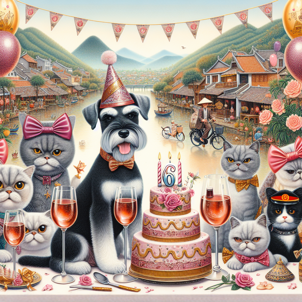 An endearing, lively illustration composed on the theme of a 60th birthday. The scene includes a charming grey schnauzer donning a festive hat and seated alongside a group of cheeky cats, distinguished by their black and white fur and decorated with bows and ribbons. They all seem entranced by a meticulously depicted view of the Vietnamese countryside complete with granular details such as indigenous hats and a bicycle. Positioned in the front is a table, richly furnished with shimmering glasses brimming with rose-colored wine, welcoming the guests to partake in the festivity. Further elements such as balloons and a banner displaying 'Happy 60th' enhance the atmosphere of joy and celebration.
Generated with these themes: 1 grey schnauzer , Black & white coloured cats, Vietnam, Rose wine by glass, and 60th birthday.
Made with ❤️ by AI.