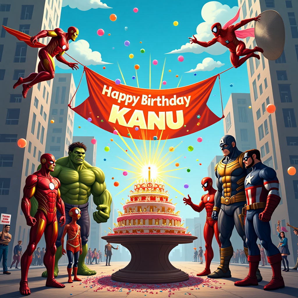 In a vibrant, bustling superhero universe birthday bash, Kanu's special day is celebrated with an explosion of comic book awesomeness. Picture a colorful, dynamic scene set in a lively cityscape. Front and center, a giant, sparkling "Happy Birthday Kanu" banner is strung between two skyscrapers, fluttering in the breeze. Below it, an immense cake shaped like a planet stands on a pedestal, its surface decorated with mini figurines of iconic superhero logos. To the left, Iron Man, in his sleek, shiny red and gold armor, hovers slightly above ground, holding a floating holographic birthday card that projects “Kanu” in bright letters. Beside him, Thor, with his flowing cape and Mjolnir, is summoning a small storm of confetti, which showers down in a colorful cascade.

Flash is a blur of red and yellow as he zips around the scene, leaving trails that spell out "Kanu" in the air. Hulk, towering above the crowd, is gently holding a colossal party popper, ready to release a burst of green, gamma-themed balloons. Spider-Man is swinging between the skyscrapers, hanging a large "Happy Birthday" streamer in the shape of his webbing, with Kanu's name intricately woven into it. Deadpool, ever the cheeky one, is in a corner, holding a sign that reads "I’m just here for the cake, Kanu!" with a playful wink.

Black Panther stands regally at the foot of the cake, his claws extended slightly as he carefully arranges the vibranium cake toppers. Captain America is seen adjusting his star-spangled shield, which now sports a temporary, festive sticker saying "Kanu’s Birthday Defender!" Nearby, Wolverine, with his adamantium claws out, expertly slices a pizza, a quirky birthday treat. Finally, in a cosmic twist, Thanos, donned in a snazzy party hat, uses the Infinity Gauntlet to light the birthday candles with a mere snap.

The sky is clear, with fluffy clouds subtly forming the letters of "KANU" overhead, creating a heavenly backdrop to this superhero extravaganza. The scene is bustling with energy, each character contributing to make Kanu's birthday a truly heroic celebration.
Generated with these themes: Iron man, thor, flash, hulk, spiderman, deadpool, black panther, captain american, woolverine, thanos wishing Kanu happy birthday, Happy birthday kanu banner, Happy birthday kanu cake, and No duplicate characters.
Made with ❤️ by AI.