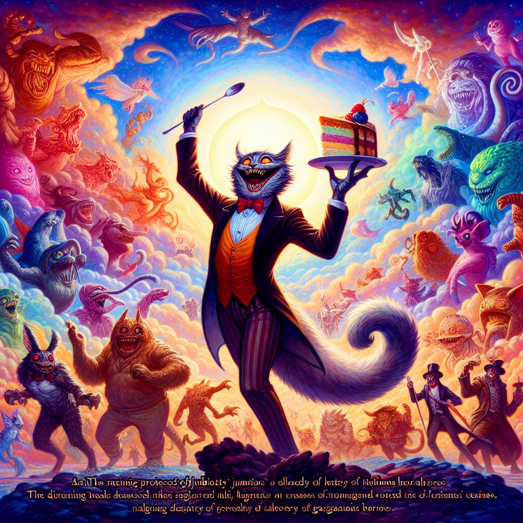 Underneath a dreamlike sky painted with shades of triumph, a jubilant figure stands, their grin as broad as a mythical feline's delight. This distinctive protector of jubilation is garbed in a medley of classic colors reflecting the essence of a gallery of timeless heroes, jovial yet stately. They lift a utensil bearing a chunk of dessert so enormous, it could serve as a banquet for a gargantuan cosmic being. Encircling them are lively critters shaped like the most terrifying adversaries from a classic survival horror universe, their menace tempered by the celebratory air, carrying dishes of tempting delicacies. Behind everything, vibrant, rhythmic emanations evoke the enchanting spectacles of a legendary fantasy RPG series, lauding the gallant champion for their well-deserved victory.
Generated with these themes: Marvel, Food, Resident Evil, and Final Fantasy .
Made with ❤️ by AI.