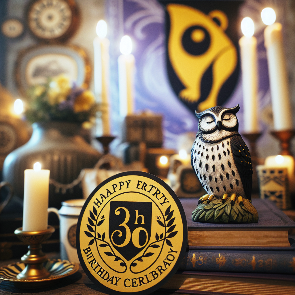 Create a peaceful birthday celebration scene set in a charming school of magic environment. The emblem of a loyal and fair badger, typically represented in black and yellow, features prominently amidst the festive decorations. A regal, noble owl, its feathers ruffled in the soft light, is perched majestically on a stack of enchanted books. The scene captures the essence of a 30th birthday, successfully blending the magical atmosphere of the mystical school with the special sentiment associated with personal milestones.
Generated with these themes: Hogwarts, Hufflepuff, Owk, and 30.
Made with ❤️ by AI.