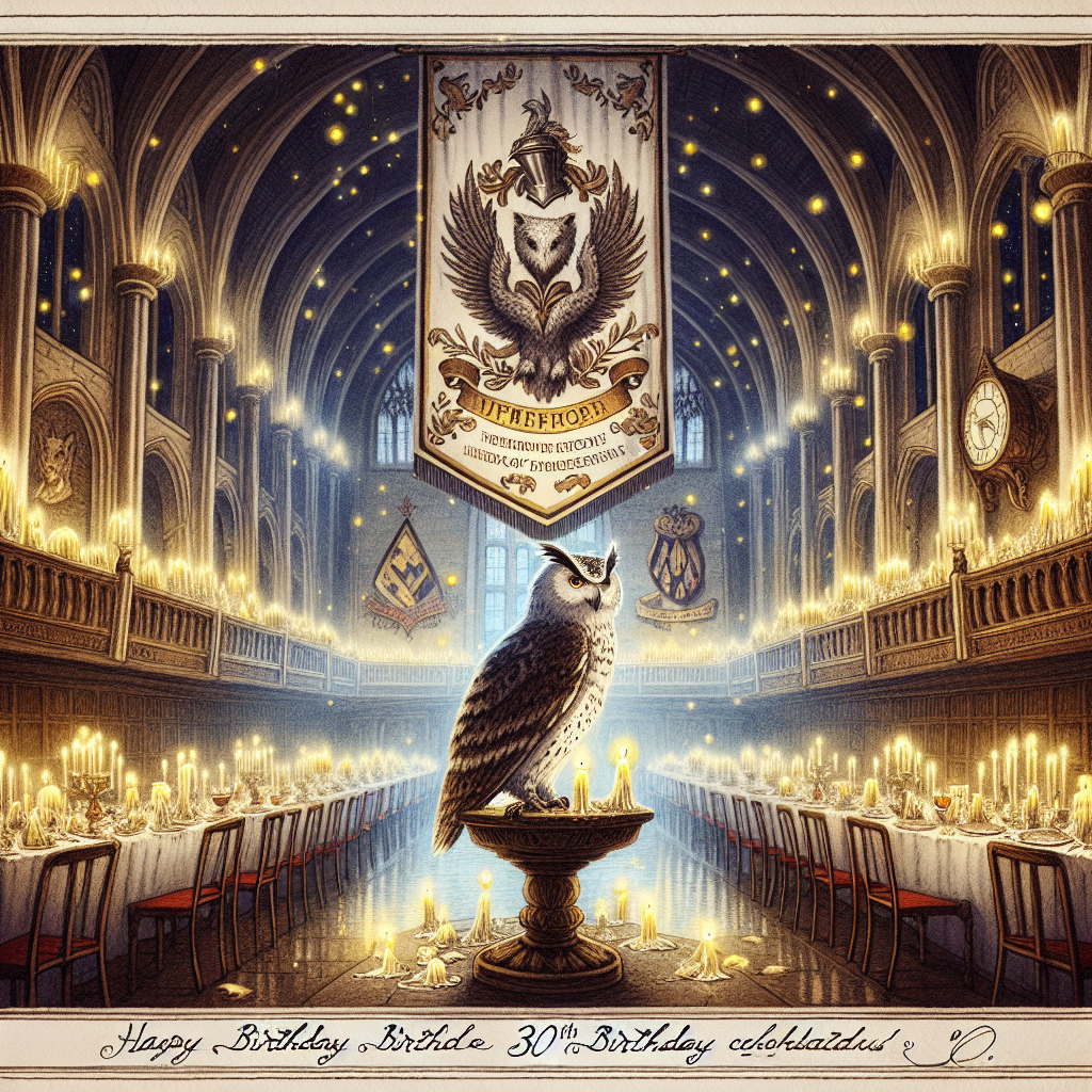 An elegant drawing showing a birthday party inside a large, enchanted educational establishment known for teaching magical arts. A grand banner displaying a distinguished emblem of a serene badger, which is associated with a particular house within the academy, hangs majestically from the high ceiling. In the center of the vast space, a stately owl, perhaps a member of the Owk species, proudly sits on an aged podium, observing a table exquisitely set for a 30th birthday celebration. The magical atmosphere is intense, the air itself seems to shimmer with magic. Floating candles illuminate the scene, spreading a calm, lustrous glow all around.
Generated with these themes: Hogwarts, Hufflepuff, Owk, and 30.
Made with ❤️ by AI.