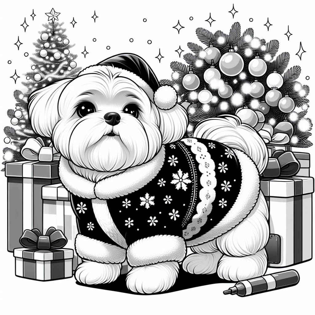 In a charming black and white cartoon, a plump Maltese dog is dressed in a holiday-themed coat, celebrating Christmas. Surrounding it are wrapped gifts and sparkling lights, creating a cute festive atmosphere, but the coat's color is left to the imagination, as there's no color in the image.
.
Made with ❤️ by AI.