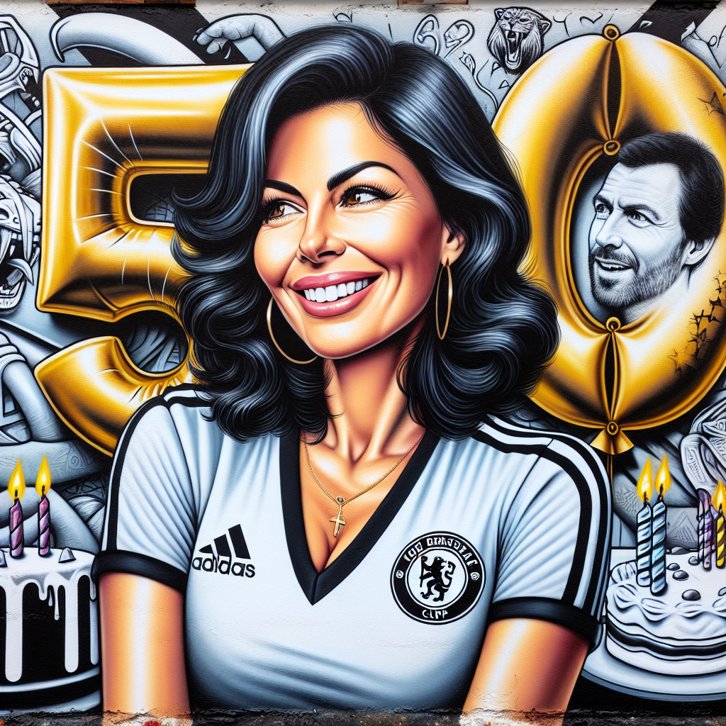 Create a detailed image illustrating a birthday celebration. The central figure is a 50-year-old Hispanic woman with dark hair styled beautifully. She is dressed in a football jersey showing herself as a passionate club supporter. Her warm smile shows the excitement of the occasion. Behind her is an urban art mural integrating the number '50', balloons, and motifs associated with football. The mural resembles the style of bold stenciling, provocative imagery, and clever visual puns seen in street artworks before 1912. The entire scene represents her love for her favourite football club and the significance of her half-century birthday.
Generated with these themes: 50th birthday, Female, Dark hair, Red lipstick, Spurs soccer club supporter, and Banksy.
Made with ❤️ by AI.