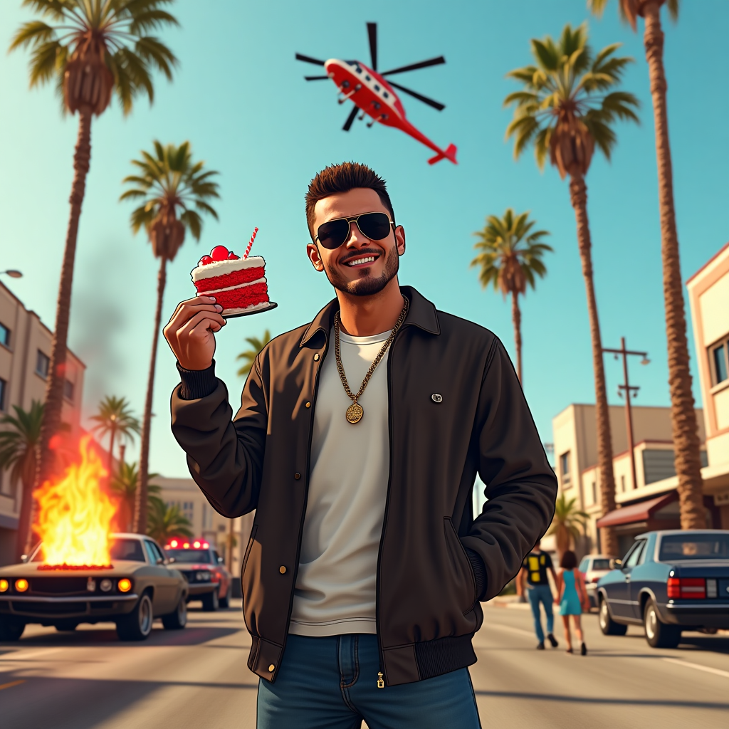 At the top of the realistic photograph image, *“Happy B-DaY, MAXFORD — Time to respawn your youth!”*

**Prompt for the image (realistic photograph style, funny birthday themed):**  
A hyper-realistic photograph styled like a GTA San Andreas Multiplayer (SA-MP) game loading screen, showing MAXFORD’s character standing in front of a chaotic, over-the-top birthday party in downtown Los Santos. He’s decked out in classic CJ-style clothes but holding a slice of cake like it’s a weapon, sunglasses on, grinning confidently. Behind him, chaos unfolds — one guest is jetpacking over a flaming grill, another doing drive-bys with a balloon gun from a lowrider bouncing on hydraulics, and random pedestrians running from a rogue piñata that seems sentient. Police helicopters are circling above, but instead of sirens, they're blaring "Happy Birthday" through loudspeakers. There's a HUD in the corner reading: “Age: +1 | Respect: Max | Wanted Level: 0 (for now)”.
Generated with these themes: GTA San Andreas Multiplayer.
Made with ❤️ by AI.