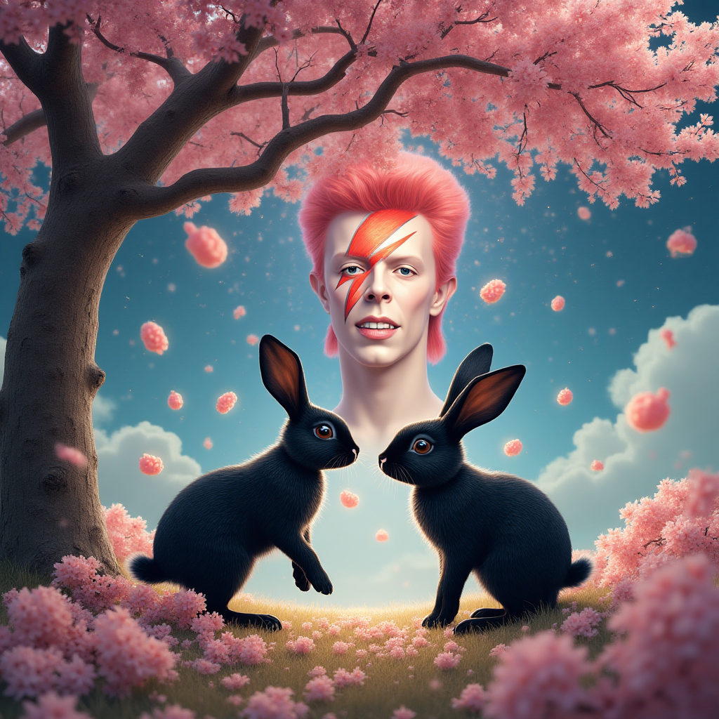 Cherry tree, Black rabbit with white nose , Black lop rabbit, David Bowie , Sweeties , and Birthday Card