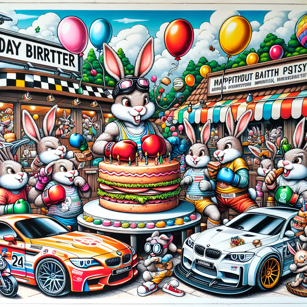 Bring to life a high-spirited picture of a roadside diner, occupied by a group of whimsical rabbits throwing a birthday party. Let there be an abundance of balloons and streamers on the walls, with illustrations of speedy BMW cars and bright motorbikes adding to the jovial ambiance. Show the rabbit guests humorously wearing mixed martial arts gloves, mimicking boxing moves while enjoying extremely large sandwiches and humorously decorated cupcakes. Set a giant carrot-shaped cake in the middle to honor the birthday theme, with cartoon thought bubbles above the rabbits' heads showing their desires for fast vehicles and tasty delights.
Generated with these themes: BMW cars, Motorbike , Rabbits, Food, and Mixed Martial Arts.
Made with ❤️ by AI.