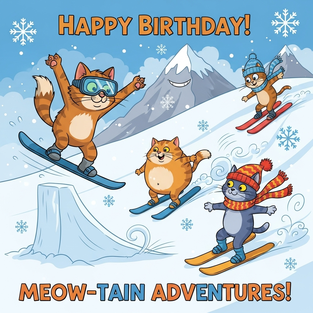 Snowboarding, Cats, and Birthday Card