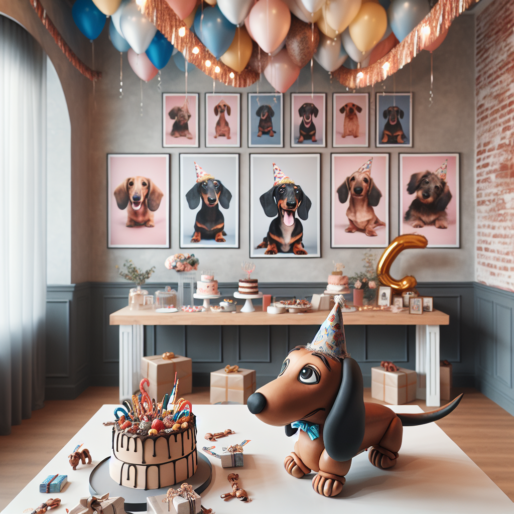 An indoor birthday party showcasing a playful and whimsical theme featuring a dachshund. The room has walls decorated with light-hearted posters of dachshunds donning festive hats. Taking center stage on the dessert table, a cake intricately crafted using fondant displays the form of a sausage dog. The celebratory atmosphere is enhanced by garlands shaped like dachshunds spread throughout the room. A balloon sculpture, replicating a dachshund in life-size scale, stands by the table where gifts are placed. The birthday attendee is thrilled to see a gift-wrapped box which moves and makes barking sounds, which upon opening reveals a spirited dachshund puppy playfully adorned with a ribbon round its collar.
Generated with these themes: Sausage dog.
Made with ❤️ by AI.