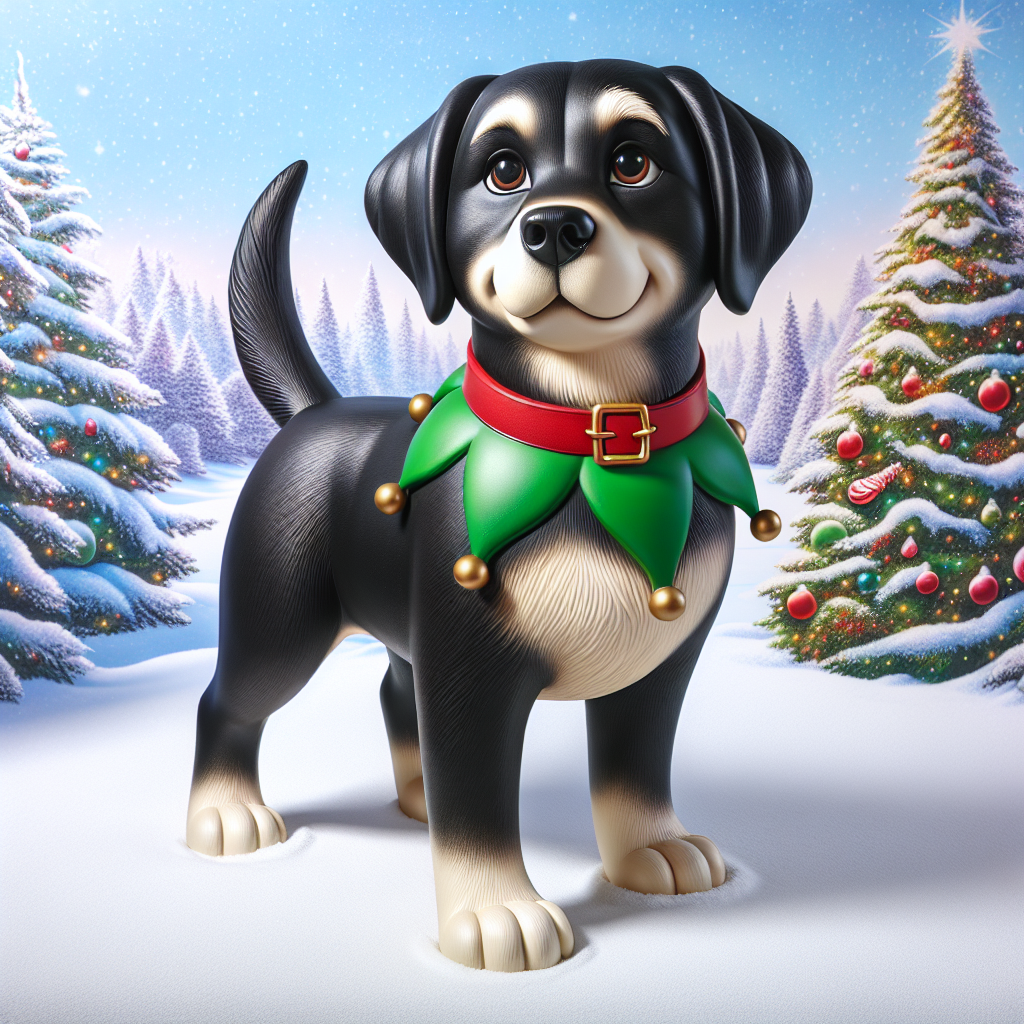 Amidst a snowy landscape, a cute cartoon depiction of an adult Labrador Retriever with a glistening black coat and friendly brown eyes stands by a cartoonish Christmas tree. Though the dog's actual size is hard to guess from the perspective shown, the Labrador is wearing a green and red elf collar, bringing a sense of joy and Christmas spirit to the scene.
.
Made with ❤️ by AI.