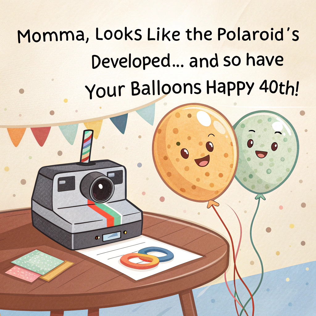 At the top of the image, "Momma, looks like the Polaroid’s developed... and so have your balloons — Happy 40th!"

– In the center of the cartoon-style image, depict a classic retro Polaroid camera sitting on a funky 70s-style table. A photo is emerging from the camera, still half-printed, and the picture shows two cheerful, googly-eyed balloons floating midair — one shaped like a "4", the other like a "0".

– The balloons are hilariously shocked at their own age, with cartoonish wide eyes and sweat droplets. One balloon says, "Is that a wrinkle?" and the other replies, "Nope, just vintage!"

– Around the camera, sprinkle a few birthday-themed props: confetti, a slice of cake with a bite taken out, and a pair of retro sunglasses casually perched atop the Polaroid.

– Keep the style playful, with bright, nostalgic colors, and big expressive eyes on the balloons and props to keep the vibe fun and cheeky.
Generated with these themes: a retro Polaroid camera printing out a picture of two balloons saying 40.
Made with ❤️ by AI.