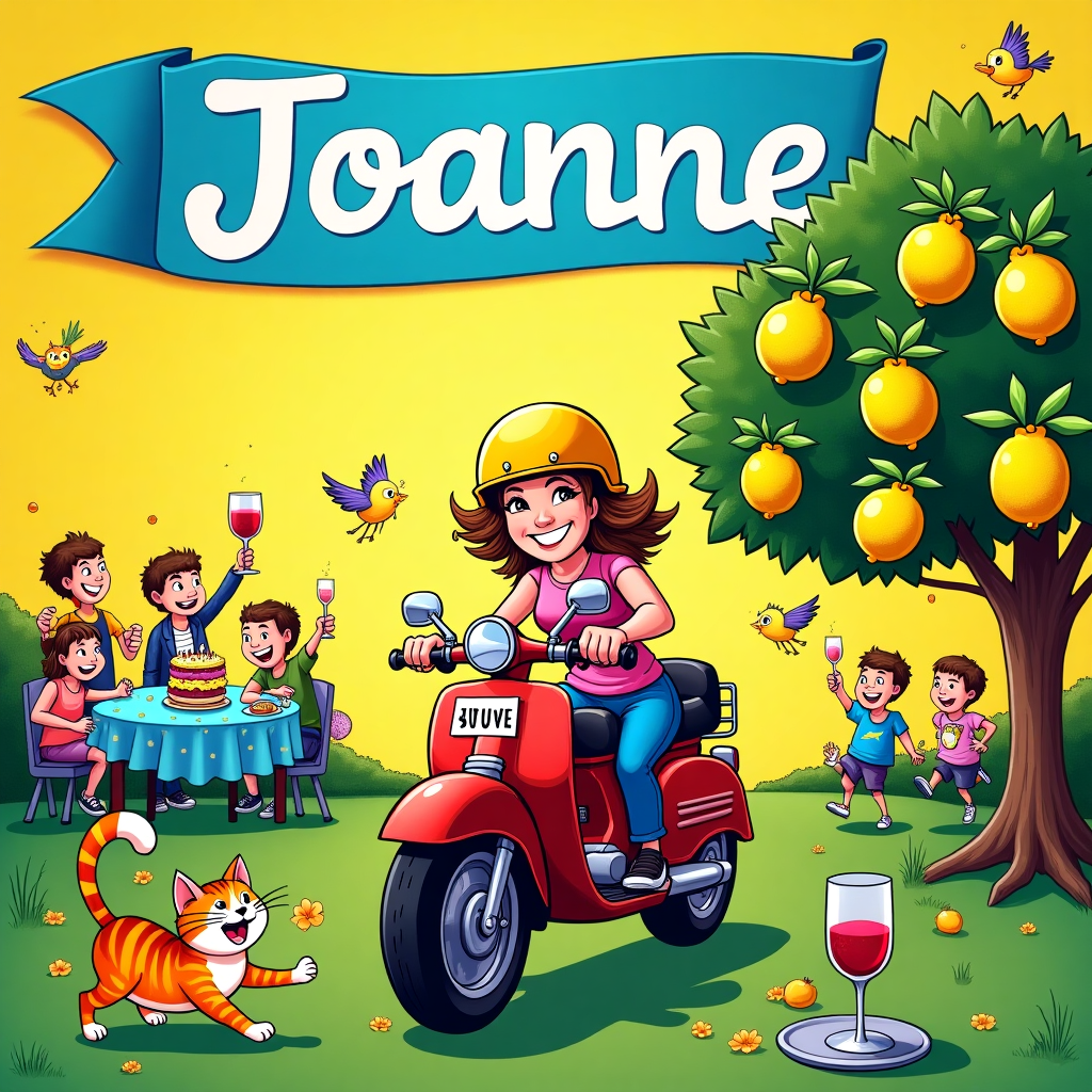 The front cover of this birthday greeting card bursts with vibrant colors and playful details, all composed in an exuberant cartoon style.

In the center of the scene, Joanne, with cartoonishly large eyes and a wide grin, rides a shiny red motorcycle. Her hair flows behind her in exaggerated waves, and a bright yellow helmet sits slightly askew on her head. The motorcycle is detailed with chrome accents that catch the light, and a custom license plate reads "JOANNE" in bold, playful letters.

To the right of the scene, a cluster of lush indoor lemon trees, illustrated with oversized, juicy lemons and deep green leaves, creates a vivid contrast. The lemons are large and round, some hanging low and others caught mid-fall, with cartoon motion lines suggesting their descent.

Louie, her cat, is depicted mid-pounce in the foreground, his fur a lively mix of orange and white, his eyes wide and animated. He's playfully pawing at a nearby glass of red wine that wobbles precariously on a small, round table with a blue tablecloth covered in yellow polka dots.

In the background, Joanne's two sons, each with distinct cartoon features like exaggerated noses and spiky hair, are joined by their children. The children are energetically depicted with oversized heads and small bodies, each engaging in playful antics: one chasing a butterfly, another waving from a treehouse perched among the lemon trees.

A group of friends fills the left side of the scene, gathered around a picnic table laden with colorful birthday cupcakes topped with exaggerated, whimsical candles. They each hold up glasses of wine in a celebratory toast, their faces exaggerated with large smiles and quirky hats.

Above this animated chaos, a sky-blue banner stretches across the top, the name "Joanne" elegantly scripted in bold white letters that appear to float on the canvas. Tiny cartoon birds are pulling the edges of the banner with their beaks, giving it a dynamic sense of movement.

The background is a simple, bright green with subtle hillocks that suggest a lush garden setting, dotted with cartoon flowers in vivid hues of pink, orange, and blue.

The overall composition is lively and detailed, a perfect homage to the chaotic and joyful celebration of Joanne's birthday, capturing her passions and her vibrant life.
Generated with these themes: Riding her red motorcycle, Growing her indoor lemon trees, Her cat Louie, A glass of wine, Her 2 sons and their children, and Spending time with friends.
Made with ❤️ by AI.