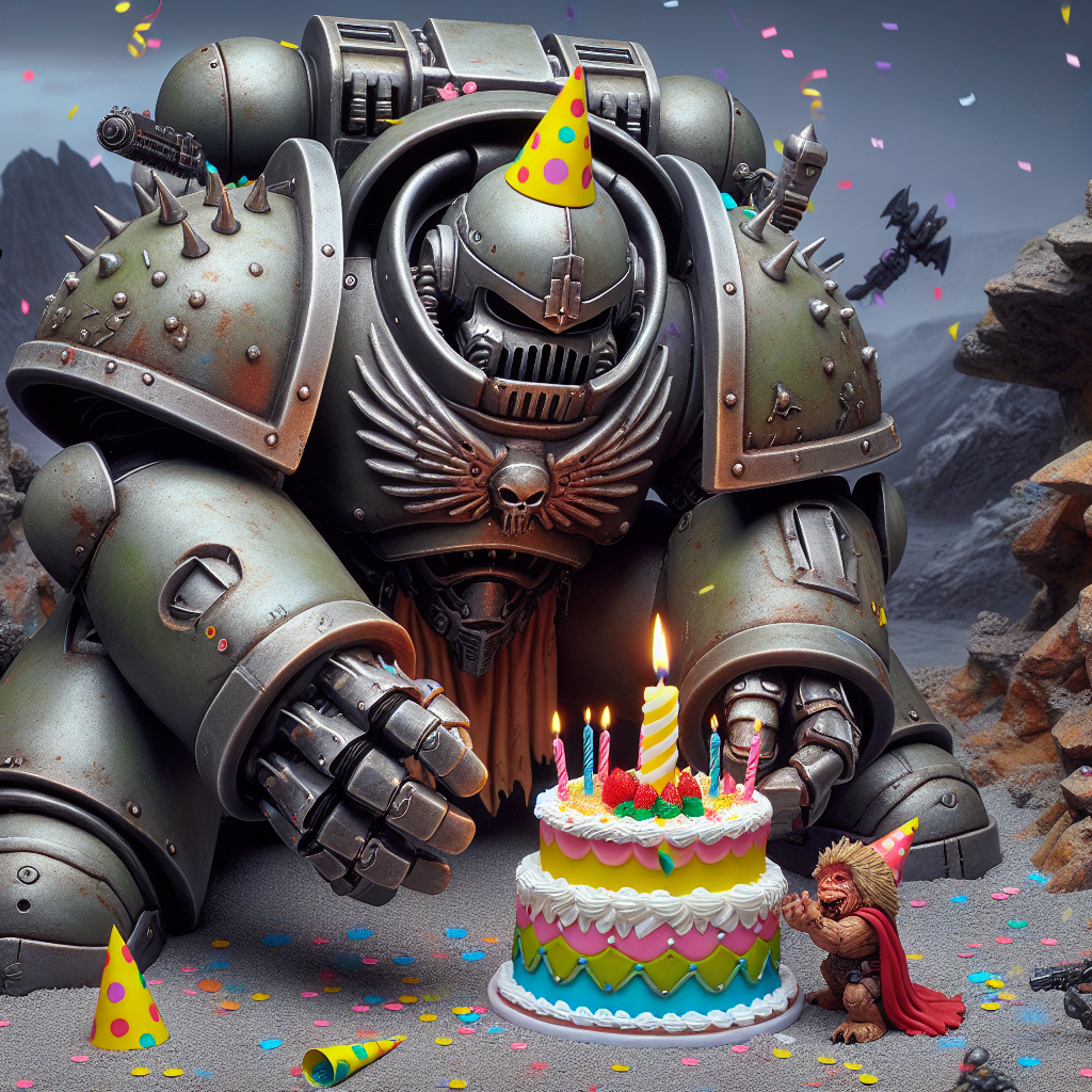 A humorous birthday scene captures a massive armoured alien warrior from a distant future, decked in imposing, expansive armour, clumsily trying to blow out a candle on a small, vibrantly adorned birthday cake. The cake is humorously placed on a tough battleground, with vibrant confetti and party hats beautifying the landscape. The warrior's giant armored hands grapple with the minute party favor, while a naughty small creature from another universe hides behind a rock, fully prepared to surprise the cake with a pie.
Generated with these themes: warhammer 40k.
Made with ❤️ by AI.