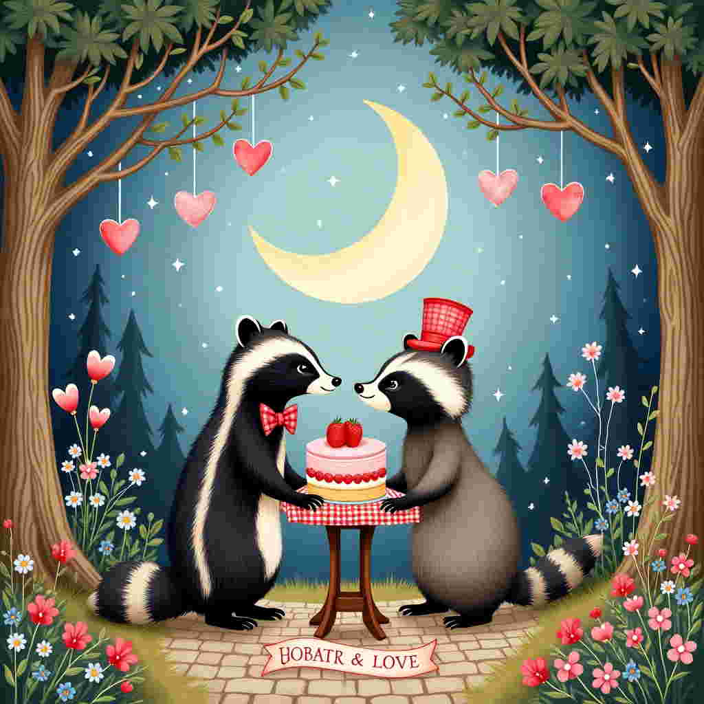 In the center of the card, a whimsical hand-drawn scene unfolds, capturing a tender moment between a charming badger and a lively raccoon, both standing side by side. The badger, with its sleek, monochrome-striped coat, sports a dapper red bow tie, and the raccoon, with its classic bandit mask and bushy tail, wears a small pink top hat tipped slightly to the side. They stand on a quaint cobblestone path winding through a lush, enchanted forest.

Around them, heart-shaped leaves dangle from the low-hanging branches of ancient oak trees, their bark intricately detailed, reminiscent of Arthur Rackham's elaborate linework. These leaves gently sway, creating a soft cascade of heart-shaped shadows on the forest floor. 

Above, the sky is a dreamy Maxfield Parrish-inspired twilight, a gradient of deep indigo blending into a soft lavender, peppered with twinkling stars and wisps of silver clouds. A large crescent moon smiles down upon the couple, its surface etched with fine details in the manner of Gustave Doré.

In the background, a quaint woodland tea party is set up, featuring a small wooden table adorned with a red-and-white checkered cloth. Upon the table, a layered cake with raspberry pink frosting and strawberry accents sits proudly. A small, handwritten banner drapes across the cake, elegantly declaring "Badger and raccoon in love" in swirling Beardsley-esque script.

The edges of the scene are framed by wildflowers—foxgloves, daisies, and forget-me-nots—illustrated in a soft watercolor style akin to Beatrix Potter's delicate touch. These flowers form a natural border, guiding the viewer's eye towards the endearing couple at the heart of the card.
Generated with these themes: Badger and raccoon in love., and Hearts.
Made with ❤️ by AI.