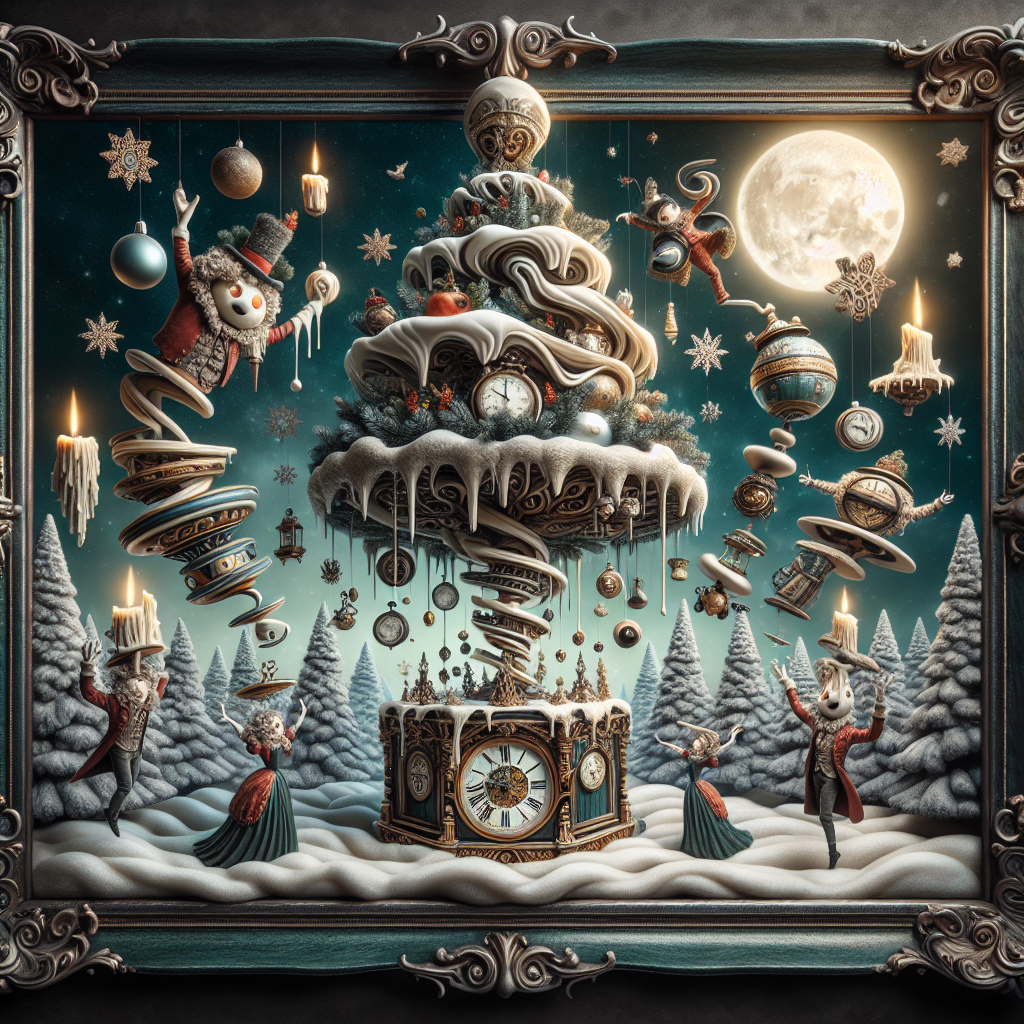 A Victorian card frames a Christmas scene where gravity-defying snowflakes encircle a floating Christmas tree adorned with melting candles and clocks. Whimsical creatures with elongated limbs dance in Victorian attire beneath the tree, while a distorted, moonlit sky looms overhead.
Generated with these themes: Victorian card.
Made with ❤️ by AI.