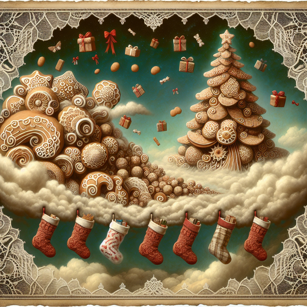 In this surreal illustration, a Victorian-style Christmas card encompasses a dreamscape where a vast tree made of gingerbread extends its roots into clouds. Stockings float through the air, filled with presents defying physics. The edges of the card are adorned with intricate lace patterns that seem to ripple in an unseen breeze.
Generated with these themes: Victorian card.
Made with ❤️ by AI.