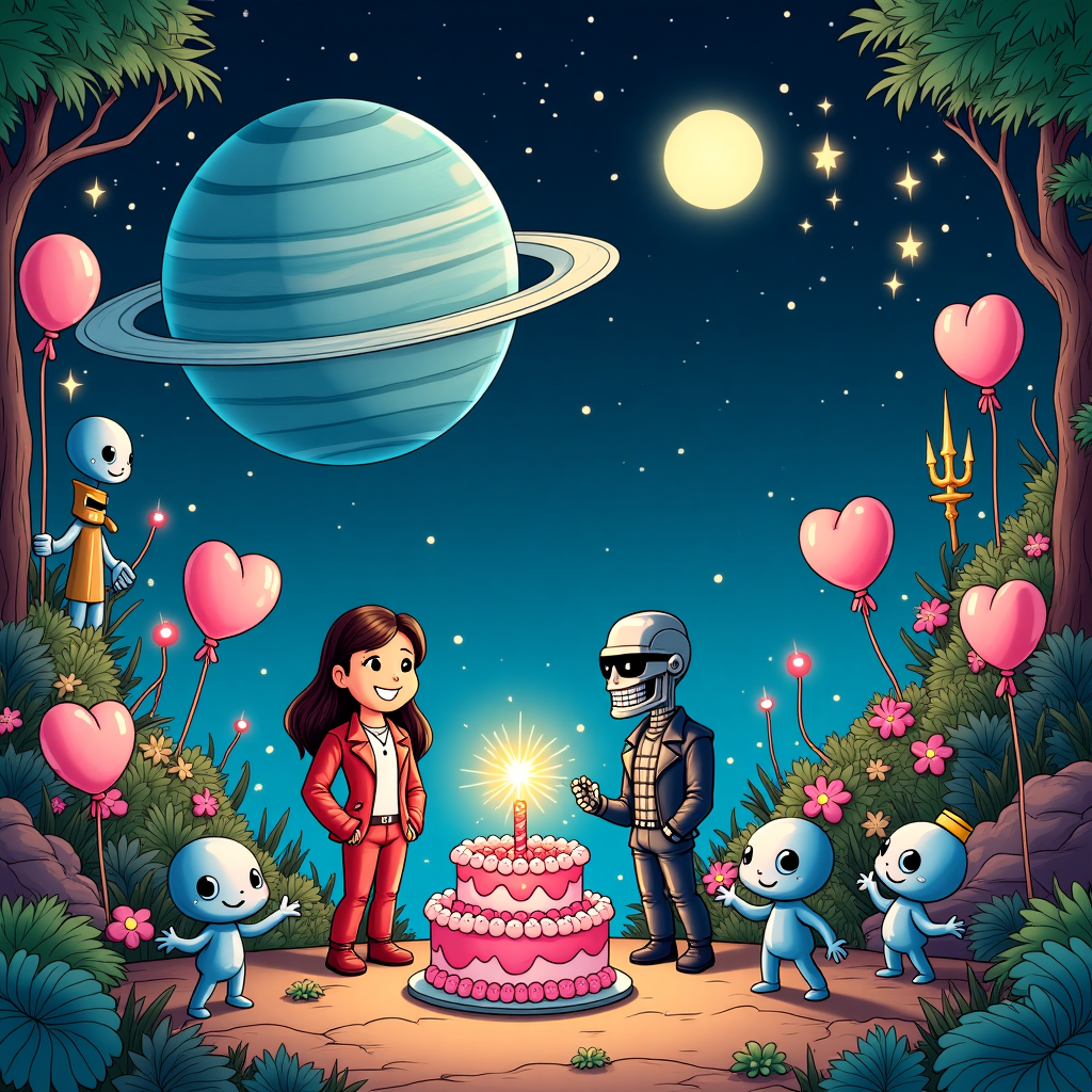 In a vibrant and whimsical scene set against the vast backdrop of the cosmos, we find ourselves on a floating space station orbiting the mysterious planet Neptune, its vivid blue hues casting a serene glow. The scene is bustling with life, featuring a lush intergalactic garden filled with colorful alien plants with playful, oversized leaves and luminescent flowers, reminiscent of a celestial wonderland. 

In the foreground, Ellen Ripley, dressed in her iconic jumpsuit with a friendly grin, stands shoulder to shoulder with Arnold Schwarzenegger as the Terminator. He's sporting his classic leather jacket and shades, holding a surprisingly delicate pink birthday cake topped with sparklers that sizzle and crackle like miniature stars. Surrounding them are cheerful little Xenomorphs, cartoonishly designed with big, endearing eyes and chubby bodies. They're clapping their claws in syncopated rhythm, adding a touch of humor to the scene.

Around them float heart-shaped balloons made of translucent material, catching the reflection of the distant planet's rings. Above, a banner reads "Happy Birthday!" in bold, comic-style letters that curve with a playful bounce. The whole scene is watched over by the gentle gaze of a colossal statue of Neptune, his trident entwined with vines and flowers from the garden.

In the background, a star-studded sky twinkles with constellations forming the shapes of classic cartoon characters, adding a touch of nostalgia. The cosmic setting is framed by a border of stylized lines and curves inspired by Hergé’s meticulous detail work, with the playful whimsy of Schulz and Watterson influencing the overall cheerful and inviting cartoonish style.
Generated with these themes: Xenomorph and Ellen Ripley and Terminator and Arnold Schwarzenegger giving birthday cake for female birthday celebration in space, Plants, Neptune, and Love.
Made with ❤️ by AI.
