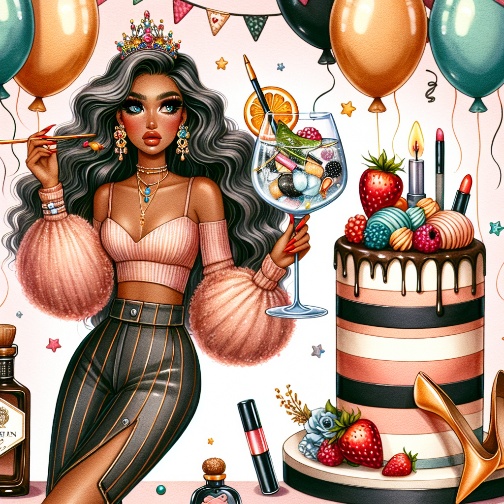 Create a whimsical birthday illustration themed around fashion and beauty. The image should prominently feature a fashionable character, of Hispanic descent and female, elegantly holding a stylish gin cocktail. Surround this character with festive balloons and a unique birthday cake adorned with edible cosmetics. The character should be dressed in a trendy outfit, with eye-catching accessories enhancing the stylish aura of the celebration.
Generated with these themes: Fashion , Beauty , and Gin.
Made with ❤️ by AI.