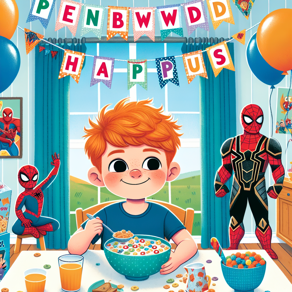 A charming and colorful illustration for a 4th birthday party. The scene is lively and features a young ginger-haired Caucasian boy sitting at a breakfast table, his face glowing with happiness as he enjoys a bowl of cereal. The room around him is festively decorated with banners saying 'Penblwydd Hapus'. The decor includes playful and fictional superhero figures that resemble those from popular culture with web-shooting abilities and armoured suits. Balloons float in the background, adding a touch of childlike wonder to the scene.
Generated with these themes: Penblwydd Hapus Osian 4, Marvel , Ginger haired boy, and Eating cereal.
Made with ❤️ by AI.