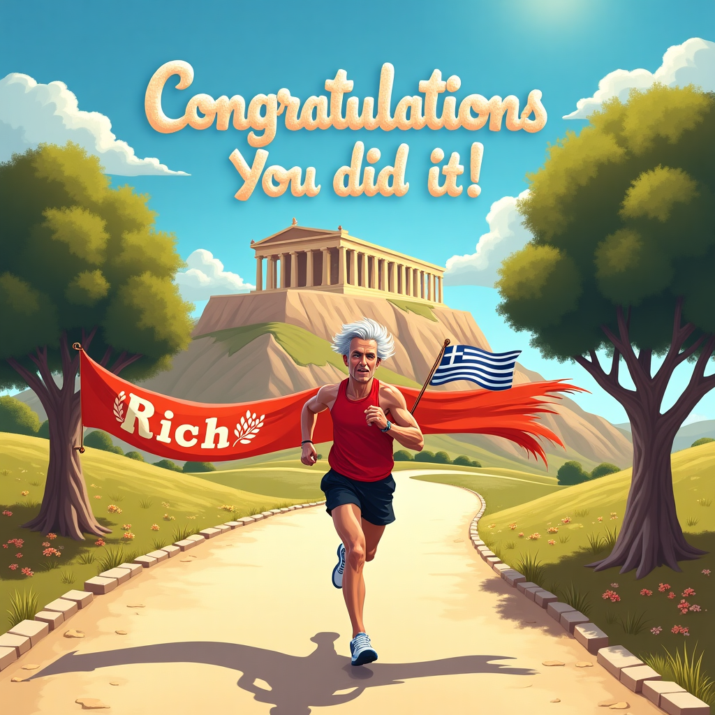 In this imaginative congratulations card design, a lively and vibrant scene unfolds, featuring the iconic Parthenon perched majestically on a hill in the background. It's a sunny day in Athens, and the ancient structure is bathed in a warm, golden light, casting long shadows on the ground. Below, a modern race is taking place on a well-trodden path that winds its way through the historical site. In the foreground, a determined runner, the focal point of the scene, is crossing the finish line triumphantly. He is wearing a red vest with bold black shorts and white trainers that seem to almost blur with his speed. His grey hair, brushed back by the wind, shines under the bright sun. In his outstretched arms, he holds a Greek flag, flapping vibrantly in the breeze. Above him, in the blue sky, the words "Congratulations. You did it!" are cleverly written with fluffy, white clouds that seem to be sculpted by an invisible hand. To the left of the runner, a large banner draped between two olive trees sways gently. It reads "Rich" in bold, celebratory letters. The letters are decorated with laurel leaves, echoing the ancient Greek symbol of victory. Scattered around the base of the trees are small, colorful wildflowers, adding a splash of color to the earth tones of the historic landscape. This card captures not only the spirit of achievement but also the timeless beauty of Athens, blending history with modern triumph.
Generated with these themes: Parthenon, Athens, Runner wearing red vest, black shorts and white trainers and grey hair no beard, Crossing finish line, Greek flag, and Congratulations. You did it!.
Made with ❤️ by AI.