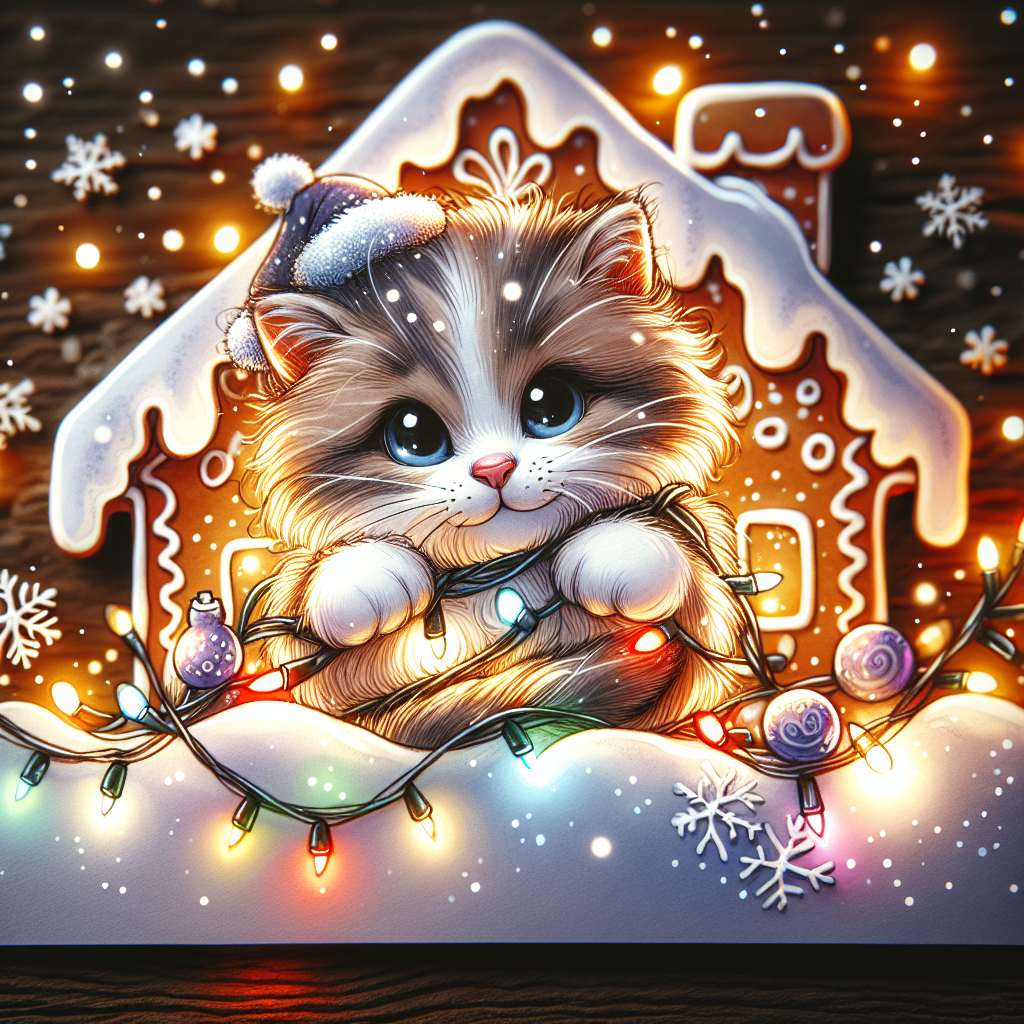 A cozy Christmas scene features Narla, a playful kitten with fluffy fur, tangled in a strand of colorful lights. Snowflakes gently fall around her as she sits beside a warmly lit gingerbread house, and the name 'Narla' is whimsically inscribed in the snow.
Generated with these themes: Narla.
Made with ❤️ by AI.
