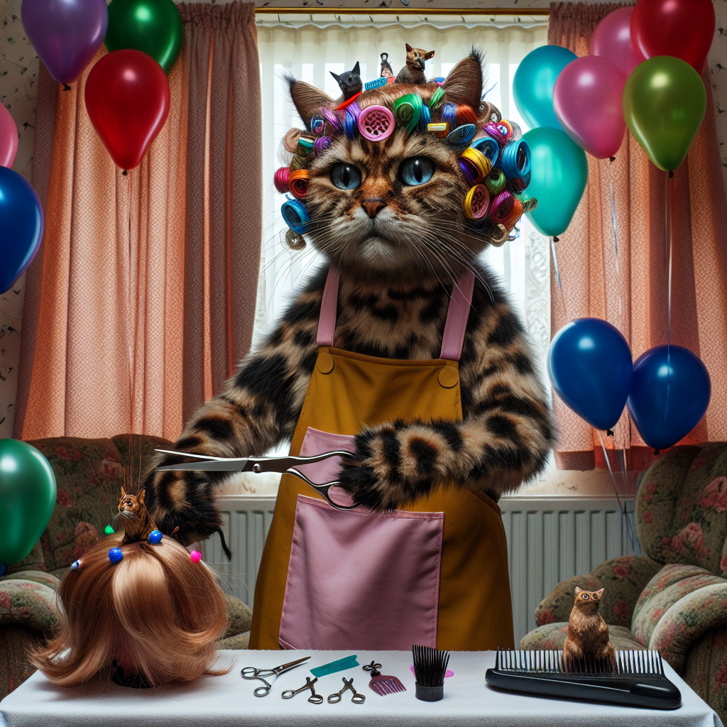 An enrapturing scene unfolds in a snug room bedecked with balloons and streamers for a birthday celebration brimming with joy and laughter. At the heart of the commemorations is a humorous feline character, donned in an oversized apron typical of hairdressers. This dappled cat with fur adorned by multicolored hair clips styles the hair of guests, eliciting chuckles with its serious dedication to the task. The miniscule scissors it wields dexterously contribute to the hilariously realistic atmosphere as they snip away with each passing moment.
Generated with these themes: Hairdresser cat.
Made with ❤️ by AI.