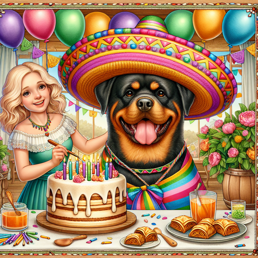 Craft an image of an animated birthday celebration teeming with rich hues. The scene features a jovial Rottweiler sporting a colorful sombrero, lending a hint of Mexican culture. This cheerful dog is seated next to a botanical plant, placed right beside a festive table laden with sweet baklava. The background is adorned with balloons and festoons. Nearby stands a Caucasian woman, portrayed as a loving wife, her blonde hair rippling down her shoulders. She beams warmly, a birthday cake proudly borne in her hands.
Generated with these themes: Rottweiler , Weed, Mexico, Baklava, and Wife with blonde hair .
Made with ❤️ by AI.