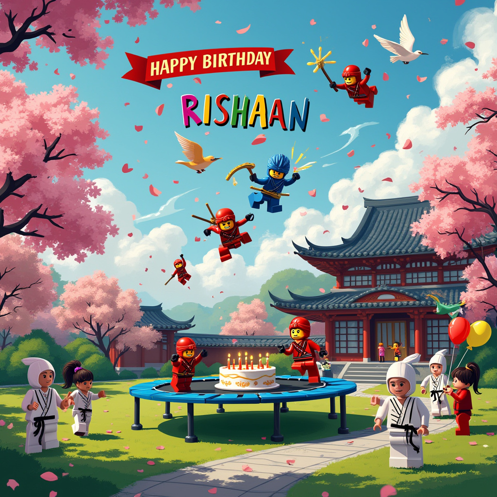 The front cover of the birthday card bursts with energy and color in a fantastical scene that blends Ninjago, Taekwondo, and a trampoline into a playful tableau. Picture a bustling dojo garden with cherry blossom trees, where the bright pink petals scatter across a lush green lawn. At the center, a larger-than-life trampoline dominates, its elastic surface whimsically designed with a bold, vibrant blue. 

Perched atop the trampoline, a group of lively Ninjago characters, donned in their iconic brightly-colored ninja outfits, are performing a series of gravity-defying taekwondo moves mid-air. The figures are frozen in dynamic, comic book-style action poses, each displaying their unique weapons and fierce expressions of concentration. Below the trampoline, an intricate network of taekwondo mats spread out like a jigsaw puzzle, with their interlocking pieces forming the letters of "Rishaan" in a clever, integrated design.

In the background, a traditional dojo building stands proudly, with curved, ornate roofs and wooden lattice windows, offering a backdrop reminiscent of classic manga panels. The sky above is a bright, cheerful cerulean, dotted with fluffy, cartoonish clouds. Among these clouds, a flock of friendly, whimsical birds is in flight, each carrying a piece of a colorful "Happy Birthday Rishaan" banner that arches joyfully across the sky. The banner's lettering is bold and playful, with letters shaped like trampoline springs, adding to the scene's bouncy energy.

Off to the side, a group of playful taekwondo students, portrayed in Schulz-esque style, are gathered around a table set for a birthday party. The table is laden with a cake shaped like a ninja star, candles flickering atop its frosted surface, and surrounded by cupcakes with tiny, edible taekwondo belts. Balloons of every color imaginable rise from the party table, trailing in the breeze.

In a small, humorous nod, a lone ninja sheepishly dangles upside down from a tree branch, tangled in a stream of "Happy Birthday" ribbons, adding a touch of Larson-inspired humor to the scene. This whimsical tableau tells the story of Rishaan's birthday adventure, blending elements from beloved artistic styles into a joyous celebration of action and play.
Generated with these themes: Ninjago, Taekwondo, and Trampoline.
Made with ❤️ by AI.