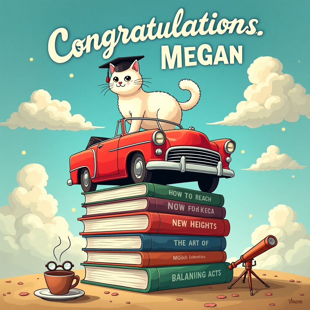 The scene bursts with whimsy and a touch of magic, as we find ourselves in an imaginative landscape brimming with humor and charm. At the center of this delightful tableau is a gleaming vintage convertible car, its bright red color catching the eye, parked somewhat precariously atop a towering stack of books. Each book is comically oversized, with titles humorously related to achievements like "How to Reach New Heights" and "The Art of Balancing Acts." The stack teeters ever so slightly, as if defying the laws of physics.

Perched atop the car's hood is a pristine white cat, poised regally as if it owns this bizarre kingdom. Its fur is immaculate, contrasting beautifully against the vibrant car, and it wears a tiny graduation cap tilted at a jaunty angle. The cat’s expression is one of smug satisfaction, its tail flicking lazily, as if it’s the mastermind behind this towering achievement.

The background is a sky of swirling colors, reminiscent of a cartoonist's dreamy palette, with clouds playfully shaped into letters that spell out "Congratulations, Megan!" The name 'Megan' is intricately woven into the clouds, adding an ethereal touch, making it seem as though the sky itself is joining in the celebration.

In the foreground, scattered around the base of the book tower, are various humorous items: a pair of glasses perched atop a comically large pencil, a cup of coffee with steam forming amusing shapes, and a mini telescope suggesting the vast horizon of possibilities now open to Megan. This joyful scene is a visual pun on "reaching new heights" and "cat-like agility in tackling challenges," all while incorporating a playful, quirky essence that would make Schulz or Larson smile with approval.
Generated with these themes: White cat, car , books.
Made with ❤️ by AI.