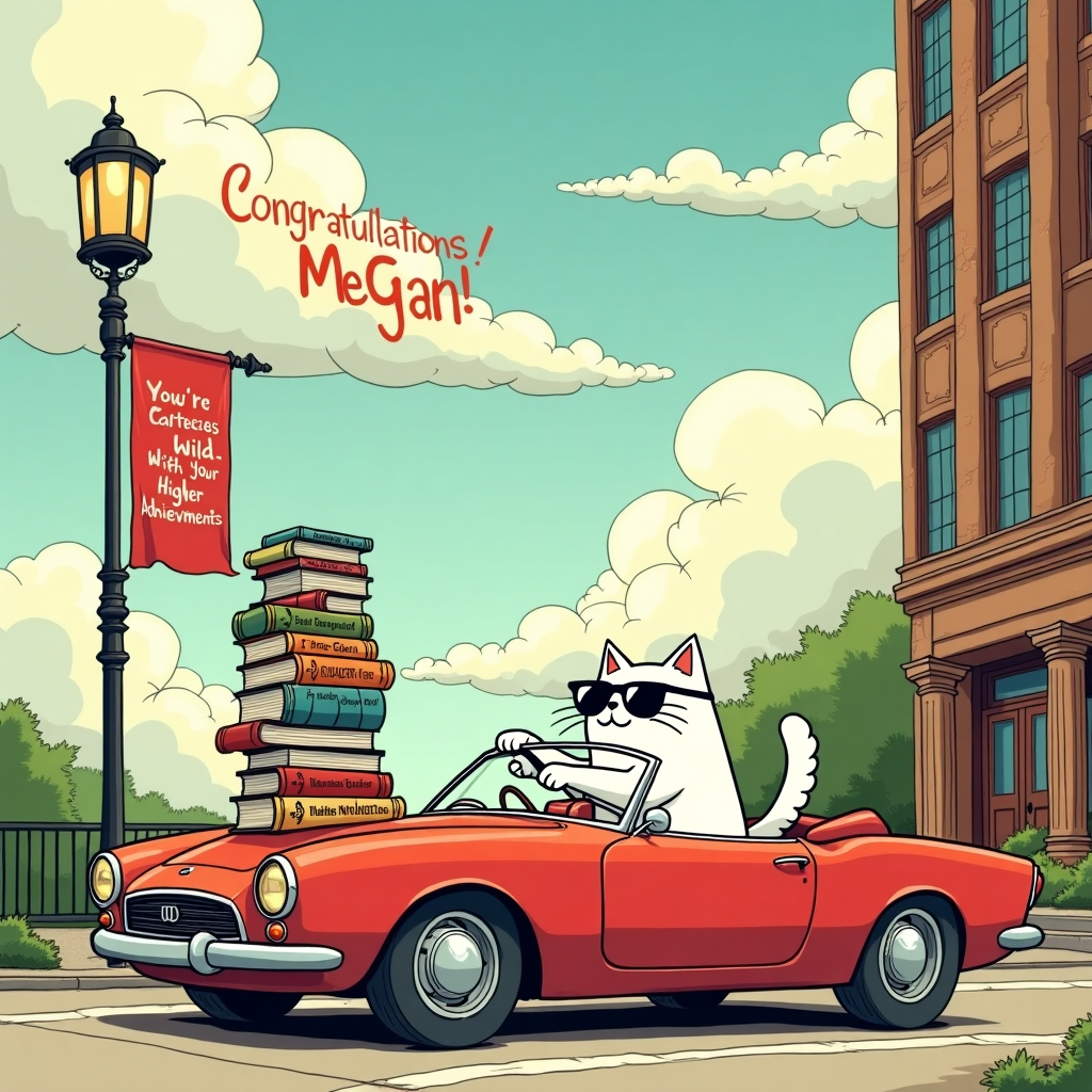 In a playful cartoon world inspired by the whimsy of Charles Schulz and the vibrant charm of Osamu Tezuka, we find a curious white cat seated inside a convertible car parked in a library's parking lot. The convertible is an exaggerated shade of bright red, with oversized wheels that seem to hint at the adventures this feline driver is about to embark on. Perched on the passenger seat is a precarious tower of books, each tome humorously titled with clever puns on the subject of "achievements" and "success," such as "How to Purr-fectly Succeed" and "The Cat's Guide to Climbing Higher." The backdrop is a towering library, drawn in the detailed architectural style of Hergé, with tall windows and a grand entrance.

The sky is an animated swirl of colors reminiscent of Winsor McCay’s dreamy landscapes, and among the clouds is the message "Congratulations, Megan!" written in whimsical, fluffy letters that seem to have been playfully sculpted by the wind itself. A nearby lamppost, styled in the elegant and slightly exaggerated manner of Will Eisner, has a congratulatory banner hanging from it, featuring more creative text saying, "You’re Driving Us Wild with Your Achievements, Megan!" The white cat, with a cheeky expression similar to a character out of Calvin and Hobbes, is wearing a pair of oversized sunglasses and has its paw resting confidently on the steering wheel, ready to cruise into new adventures. This delightful scene captures the essence of humor and celebration, ready to make Megan’s achievement a cherished and memorable moment.
Generated with these themes: White cat, car , books.
Made with ❤️ by AI.