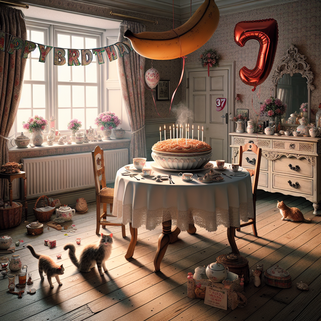 Render an enchantingly lifelike depiction of a traditional Welsh birthday setting. The scene includes a well-dressed table, on which a delicate cup of tea sits, its rising steam indicative of traditional Welsh flavors. Three cats are playfully engaged nearby, occasionally intrigued by an oversized swinging banana decoration. Sprinkled throughout the area are details upholding the theme of a 37th birthday celebration through the placement of balloons and trinkets. The overall feeling is one of warmth, coziness, and domestic festivity.
Generated with these themes: Welsh, Cup of tea, Cats, Huge banana, Birthday, and 37.
Made with ❤️ by AI.