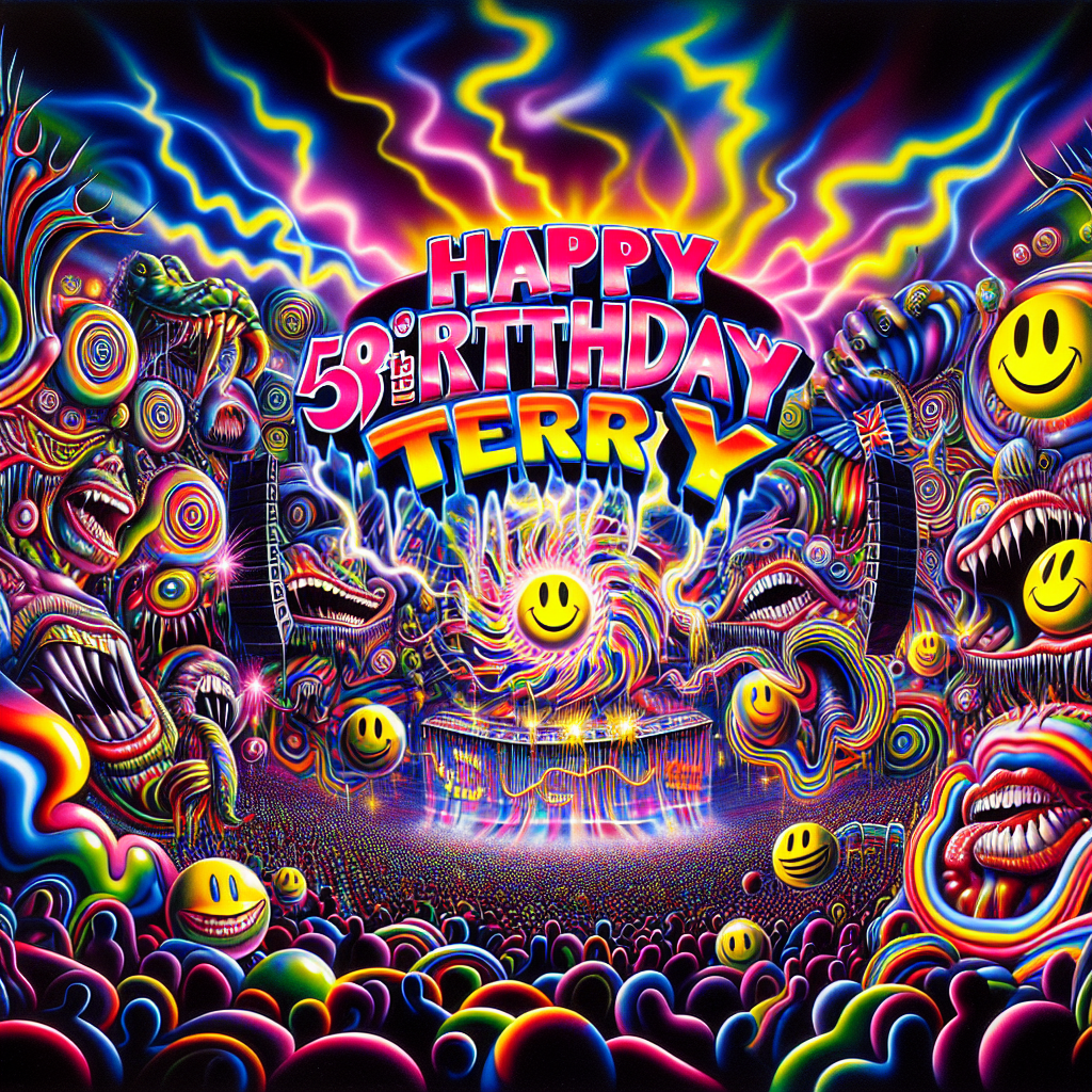 Imagine a vibrant scene that embodies the energy and iconic imagery of a 90's UK rave. The electric fusion of abstract shapes and vivid colors form the background of this pulsating environment. 'Happy 50th Birthday Terry' is proudly displayed in graffiti-like font at the center, accentuated by a swirling array of psychedelic visuals. Smiley faces and strobe lights twinkle and burst within this visual explosion, while ghostly shapes that vaguely resemble rave-goers and towering speakers line the edges of the image. The overall vibe channels the rebellious spirit of the acid techno movement.
Generated with these themes: Happy 50th Birthday Terry, 90's acid techno rave music scene, style of a UK Rave flyer.
Made with ❤️ by AI.