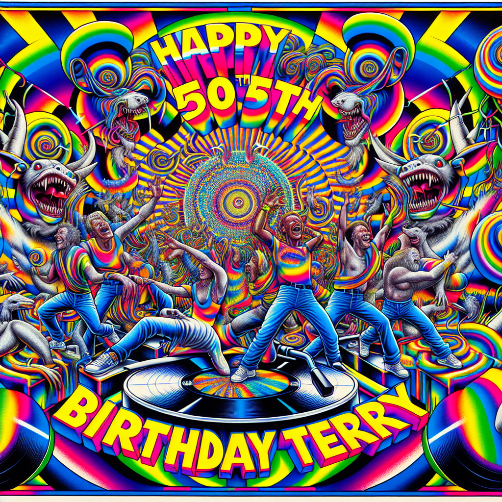 Imagine a vivid, kaleidoscopic illustration that exudes the fervent energy of a 90's UK acid techno rave. At the heart of the design, striking and distorted typography screams 'Happy 50th Birthday Terry' in bright, vibrating colors. Adding to the energetic theme, mythical beasts and ecstatic dancers of various genders and descents gyrate amidst spiraled vinyl records and unreal sound waves. This lively scene is contained within pulsing geometric shapes, mirroring the mesmerizing patterns often seen in rave flyer art.
Generated with these themes: Happy 50th Birthday Terry, 90's acid techno rave music scene, style of a UK Rave flyer.
Made with ❤️ by AI.