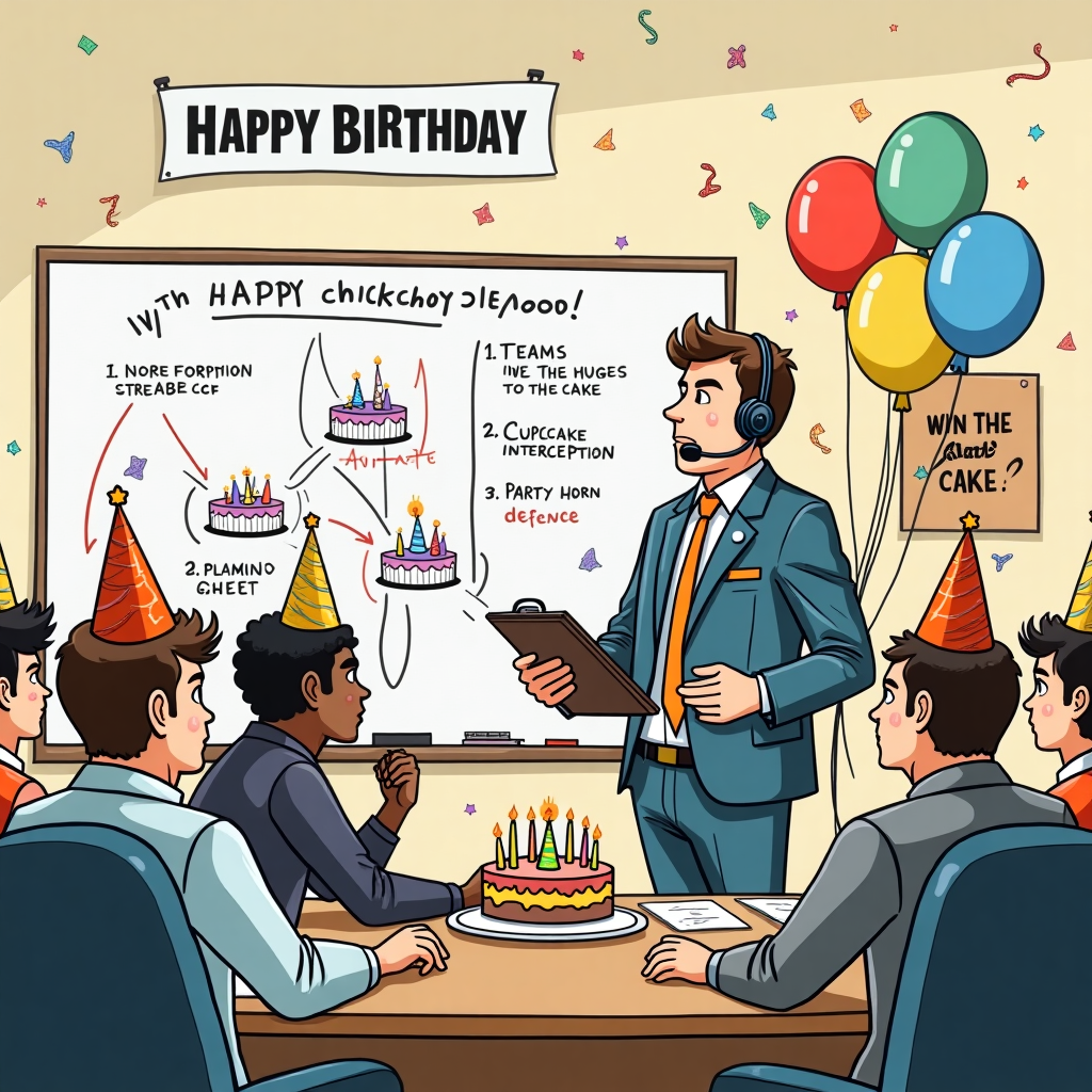 At the top of the illustration image, *Happy Birthday, Ethan — Your Leadership is Un-coach-able!*

An illustrated office scene where Ethan, dressed as a dramatic football coach with a headset and clipboard, is giving an intense birthday "pep talk" to a confused-looking team of employees wearing party hats and holding balloons. Behind Ethan is a whiteboard with an overly complicated "birthday playbook" featuring routes to the cake, party horn defense strategy, and a cupcake interception drill. One teammate fumbles a giant cupcake while another is doing jumping jacks with streamers. Confetti flies through the air like victory sparkles. A motivational poster on the wall reads: “Win the Day (and the Cake).”
Generated with these themes: Birthday, Coach, and Boss.
Made with ❤️ by AI.