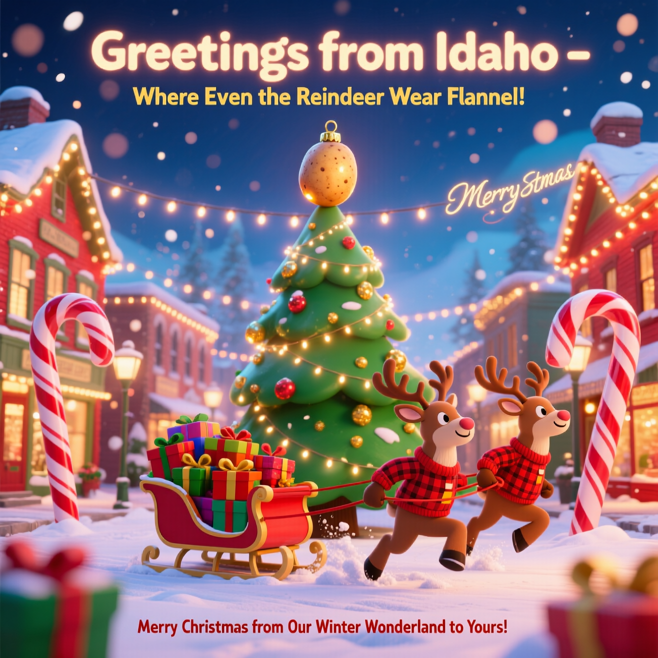 At the top of the image, "Greetings from Idaho – Where Even the Reindeer Wear Flannel!"  

At the bottom of the image, "Merry Christmas from Our Winter Wonderland to Yours!"  

— In the center, create a vibrant, bold, cartoon-style snowy Idaho town square lit up with twinkling fairy lights and giant candy canes lining the streets. A whimsical, oversized Christmas tree sparkles in the middle, topped with a glowing potato-shaped ornament. Playful reindeer in cozy red plaid shirts pull a tiny sleigh piled high with brightly wrapped presents, their hooves kicking up puffs of snow. Cute bokeh light effects scatter across the scene, with warm, glowing “Merry Christmas” script floating gently above the rooftops. The palette should be bright, vivid, and saturated with festive reds, greens, and golds.
Generated with these themes: CHRISTMAS , and .
Made with ❤️ by AI.