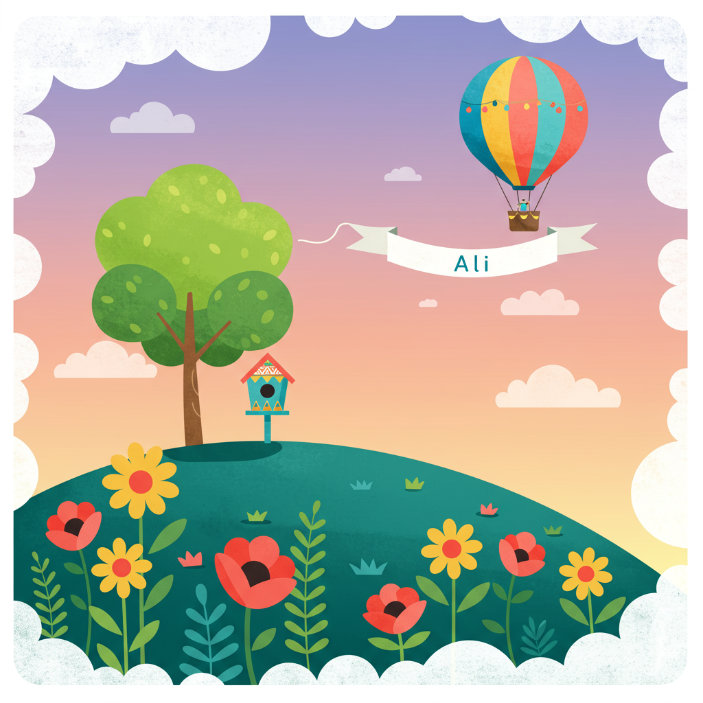The front cover of this thank-you greeting card features a vibrant, whimsical watercolor landscape, captured in a clean vector style with flat shapes and crisp lines. The background is a serene gradient sky transitioning from a soft lavender at the top to a delicate peach at the horizon, hinting at a magical twilight scene.

In the foreground, a rolling hill is depicted in a rich emerald green, adorned with oversized, stylized daisies and poppies in bright yellow and deep red. The flowers are simplified with bold outlines, and their petals are solid blocks of color, reminiscent of Patrick Seymour's crisp lines.

Atop the hill, there is a whimsical, cartoonish tree with a trunk in a light sandy brown, and its lush, perfectly round canopy in a bright lime green. The tree's canopy holds an intricately designed birdhouse, which has a flat, graphic style similar to Geo Law's work. The birdhouse is painted in teal with geometric patterns in white and orange.

In the sky, a playful, multicolored hot air balloon drifts by. The balloon's panels alternate between shades of cobalt blue and coral pink, and the basket below is a vivid mustard yellow, with cleanly defined lines that echo Cristiano Siqueira's approach to flat shapes.

Floating in the sky, there is a banner trailing from the hot air balloon. The banner is a crisp white with scalloped edges, and in the center, in elegant, block letters resembling the style of Malika Favre, the name "Ali" is spelled out in bold, black text.

The scene is bordered by a frame of stylized, cartoon clouds in varying sizes, colored in a soft white with shadows in gentle grey. These clouds mirror the fluidity and simplicity found in Von Glitschka's designs, enhancing the card's whimsical nature.

Overall, the card features a harmonious blend of vivid colors and clear, structured lines, capturing the essence of a playful and imaginative thank-you scene.
Generated with these themes: Whimsical watercolor landscape.
Made with ❤️ by AI.