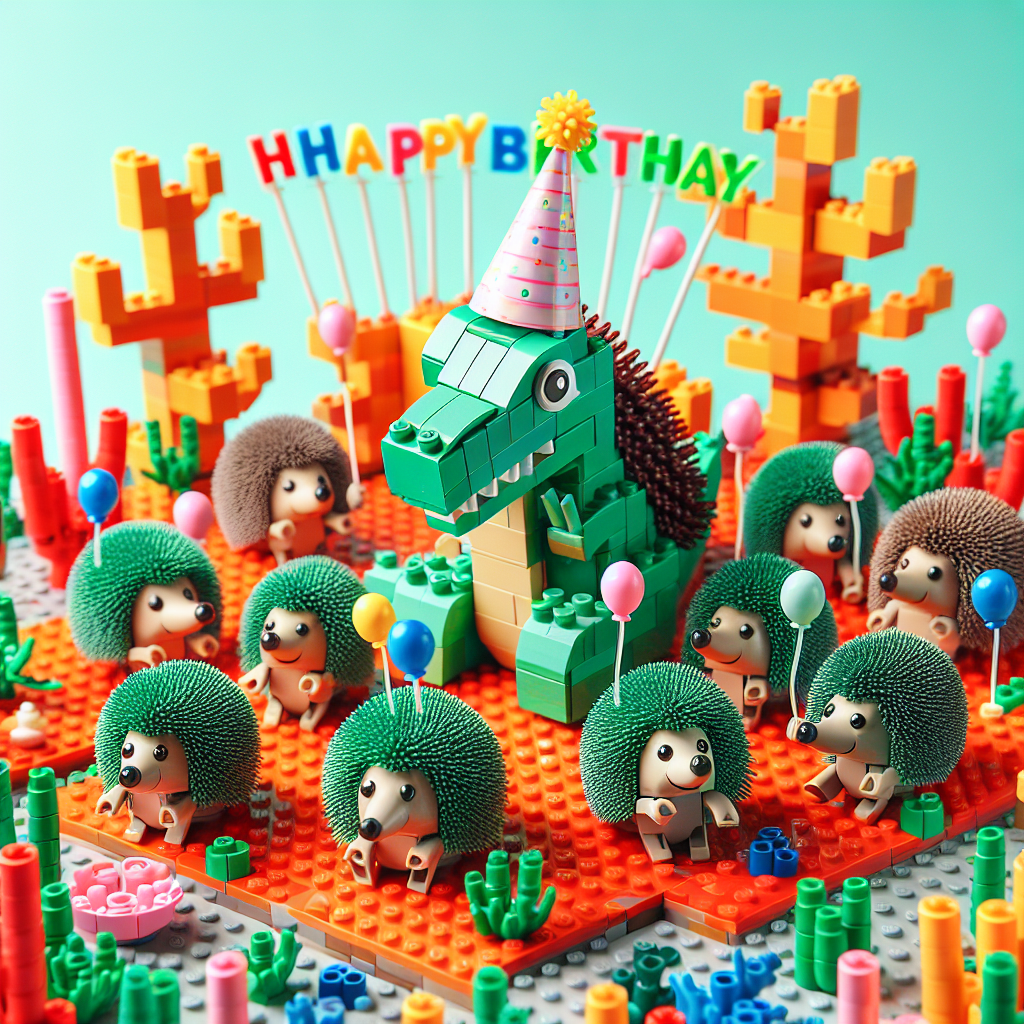 Craft a whimsical birthday image showcasing a vibrant scene constructed out of Lego pieces. In the midst of the scene, place a cheerful dinosaur ornamented with a party hat. The dinosaur is encircled by playful hedgehogs of varying descents, each one clutching tiny balloons. Every hedgehog is poised on a unique coral structure, lending an unusual underwater element to the Lego terrain.
Generated with these themes: Lego, Dinosaurs, Hedgehogs, and Coral.
Made with ❤️ by AI.