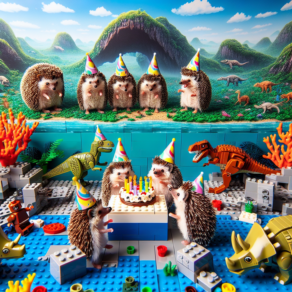 Design a birthday-themed image showing a jubilant gathering of hedgehogs donning party hats. They are positioned in front of a backdrop constructed from Lego pieces that depict a prehistoric setting. The hedgehogs engage amusingly with small dinosaur figures. The overall landscape is richly adorned with elements of a coral reef, providing a striking contrast of oceanic hues against the primordial land of the dinosaurs.
Generated with these themes: Lego, Dinosaurs, Hedgehogs, and Coral.
Made with ❤️ by AI.