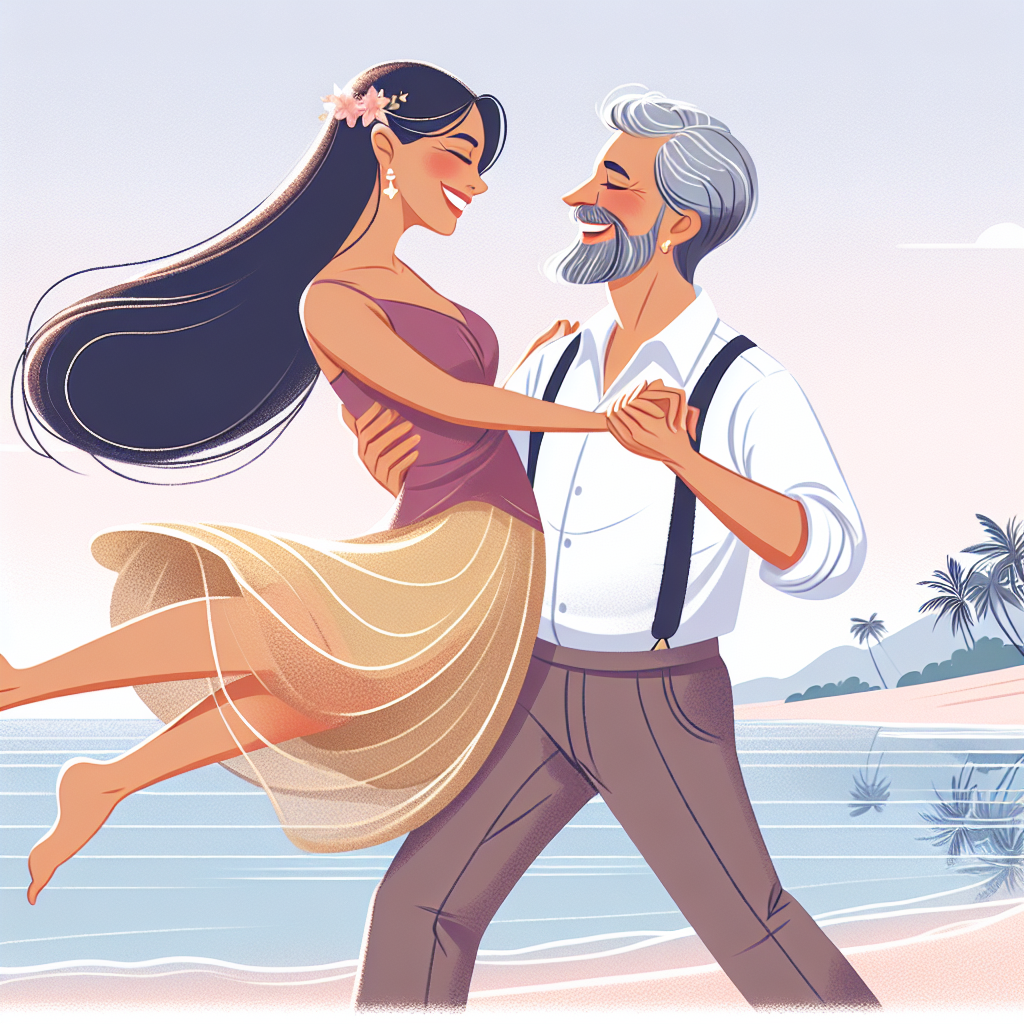 An intimate anniversary is depicted in this charming illustration. A gentleman, marked by his Caucasian descent, grey hair, and beard, is energetically lifting and twirling his South Asian female partner on a tranquil beach. Their faces are decorated with large smiles, echoing the boundless happiness and warmth of the moments they are celebrating.
Generated with these themes: Man with grey hair and beard lifting bride off the beach and swinging her around. Big smiles.
Made with ❤️ by AI.