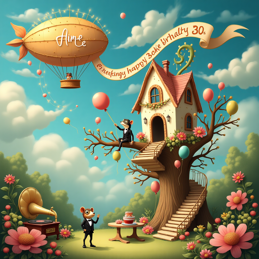 In this whimsical birthday scene, imagine a fantastical garden party unfolding beneath a cerulean sky adorned with fluffy, cotton-candy clouds. The scene is centered around a towering birthday cake shaped like an enchanting treehouse, complete with tiny windows and a winding staircase made of licorice. Perched among the cake branches, a charming gecko dressed in a miniature tuxedo is juggling pastel balloons, each numbered to count up to 30, celebrating the milestone birthday. 

The garden is abuzz with quirky, fantastical creatures inspired by a blend of Beatrix Potter's animal characters and Maurice Sendak's imaginative beings, all gathered to celebrate. On a nearby table, a vintage gramophone plays lively tunes while a hedgehog, wearing a monocle, twirls a teacup-sized record. Surrounding the party area, lush, oversized flowers reminiscent of Maxfield Parrish’s vibrant color palette provide a whimsical backdrop.

Floating above the scene, a magnificent zeppelin crafted to look like a plump, friendly dragon with twinkling fairy lights illuminates the setting. From its tail, a long, flowing banner unfurls in the sky, artistically inscribed with the name "Aimee" in flowing, golden letters, accompanied by the words "Happy 30th Birthday!" As if painted by Arthur Rackham, the lettering intertwines with whimsical, swirling clouds, further anchoring the fantastical nature of this vibrant celebration.
Generated with these themes: 30 birthday geko.
Made with ❤️ by AI.