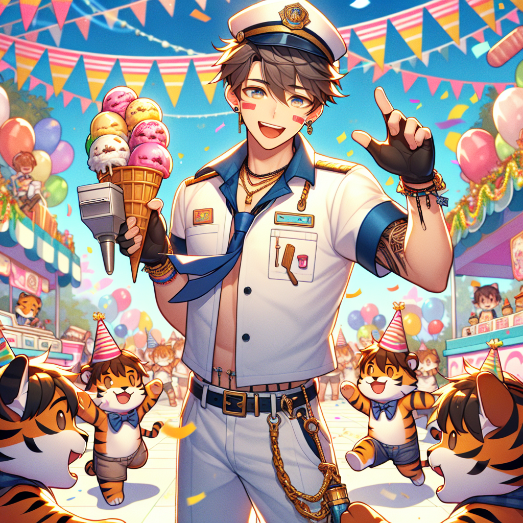 An animation-style illustration of a lively birthday party setting, where a male character in a sailor-inspired ice cream vendor attire becomes the hero of the day. His gear aligns perfectly with the celebratory atmosphere. He's surrounded by playful tigers, each sporting a party hat, engaging in camaraderie by high-fiving and enjoying a variety of ice cream flavors. The backdrop is strewn with festive decorations, vibrant garlands, and the air seems to shimmer with falling confetti, creating a scenery that is magical, humorous, and full of warmth.
Generated with these themes: Stranger things Steve, ice cream, tigers.
Made with ❤️ by AI.
