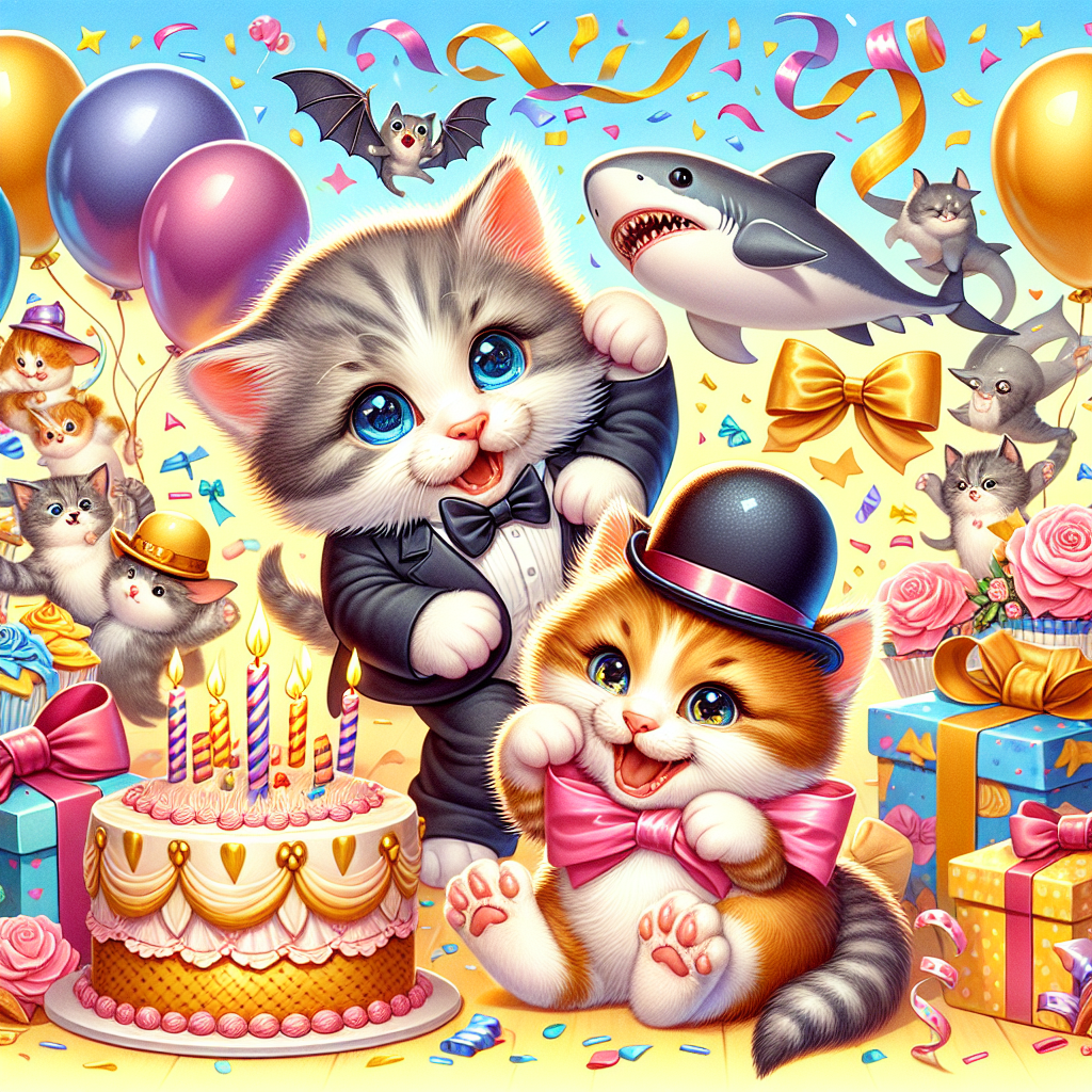 Illustrate a heartwarming scene that captures the essence of an anniversary celebration. The focal point of the image should be adorable, fluffy kittens with their eyes sparkling, caught mid-dance on a cheery background. In the background, animate sharks donning bowler hats and bats adorned with bow ribbons, all engaging in a harmonious dance. Various elements of celebration, such as helium-filled balloons, vibrant confetti, cakes decorated with appealing icing, and beautifully wrapped gifts, should be dotting the scene. This combination of elements should yield a charming and joyous image that exemplifies the celebratory atmosphere of an anniversary.
Generated with these themes: Dancing kittens, sharks and bats.
Made with ❤️ by AI.