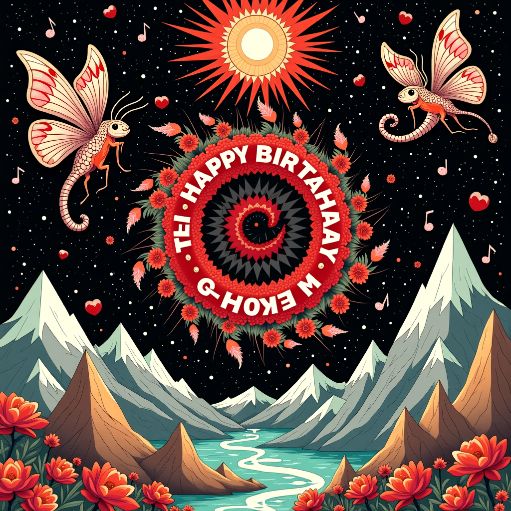 Picture a swirling vortex of imagination at the center of the card, inspired by the intricate and captivating design of the Red Hot Chili Peppers' "Blood Sugar Sex Magik" album cover. At the core, a bold and abstract geometric spiral, reminiscent of a kaleidoscope, emerges, filled with vibrant hues of red, black, and white. This spiral serves as a gateway to a world where birthday magic unfolds.

Surrounding the spiral, surreal elements come into play. Envision a pair of lips, exaggerated and expressive, much like the iconic artwork of the album. These lips are made of vibrant flowers and leaves, their petals curling into the words "HAPPY BIRTHDAY GEORGE," seamlessly interwoven within the design. The letters appear to grow organically from the floral forms, lending a sense of life and celebration.

Flanking the spiral, whimsical creatures reminiscent of Yulia Sokolova's style frolic. One side features a guitar-shaped butterfly with wings made of iridescent musical notes that flutter in the air. On the other, a whimsical drum-playing chameleon, adorned in Patrick Seymour's detailed line work, keeps rhythm with its tail.

Above, a radiant sun made from a mosaic of geometric shapes, echoing Malika Favre's bold use of negative space, casts its light over the scene, illuminating intricate patterns on the spiral. Below, an abstract landscape of mountains and rivers, inspired by Matt W. Moore's vibrant palettes, stretches out, each peak adorned with a letter spelling "GEORGE," crafted from snow-tipped caps and lush valleys.

In the background, Orlando Arocena's influence emerges through a digital tapestry of vibrant fractals that form a cosmic sky, where stars and constellations appear as tiny, pulsating hearts, in tribute to the album's romantic theme. Each element, detailed and distinct, contributes to a surreal and lively narrative, celebrating George's special day in a uniquely imaginative way.
Generated with these themes: The front cover of the album blood sugar sex magik by red hot chili peppers,, and The pattern spells out 'HAPPY BIRTHDAY GEORGE' .
Made with ❤️ by AI.