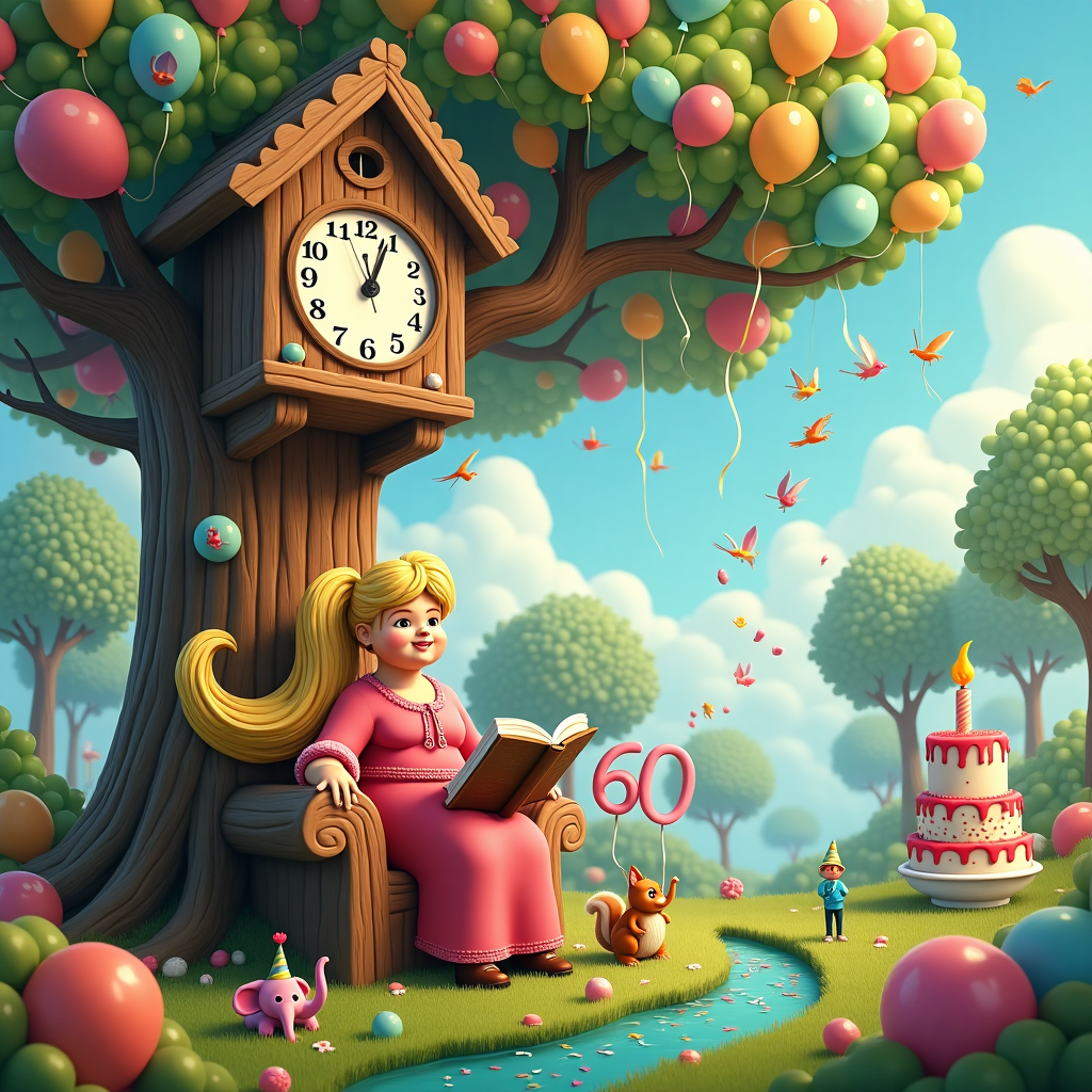 In this surreal birthday-themed scene, imagine a vast, whimsical forest where the trees have leaves shaped like balloons, each adorned with the number "60" in vibrant colors. At the center of this forest clearing stands a towering tree, its bark resembling layers of birthday cake, complete with frosting and sprinkles. Perched atop the tree is a striking oversized cuckoo clock, its hands frozen at 6:00, symbolizing the milestone year. 

Seated on a throne-like wooden bench carved into the shape of a giant present, we find the 60-year-old blonde woman, celebrating her birthday. Her presence is commanding yet endearing; she's comfortably plump, exuding an aura of warmth and joy. Her extraordinarily long hair is tied in a magnificent ponytail that spirals up into the branches of the tree, entwining with the balloon leaves, adding an air of enchantment. The ponytail, like a golden vine, even extends to wrap around the cuckoo clock, making it appear as though her life force powers time itself.

In her lap rests an open storybook with animated pages, each telling a chapter of her vibrant life. Miniature figures pop out from the pages, dancing on the grass—characters from her past, including a tiny version of herself at various ages, all celebrating alongside her. Surrounding her are whimsical creatures, like a plump pink elephant wearing a party hat and a squirrel balancing a tiered birthday cake on its head. To her right, an oversized teacup spills a stream of shimmering confetti into a pond shaped like a giant birthday candle.

In the sky above, fluffy clouds gather to spell "Happy Birthday" in a font that appears to be written in icing, with birds carrying streamers that drape gracefully from cloud to cloud. The whole scene is a vibrant blend of fantasy and reality, encapsulating the joyful journey of her life, celebrating her 60th year with a storybook wonder.
Generated with these themes: 60 year old blonde woman, overweight, with very long hair, hair tied in a ponytail.
Made with ❤️ by AI.