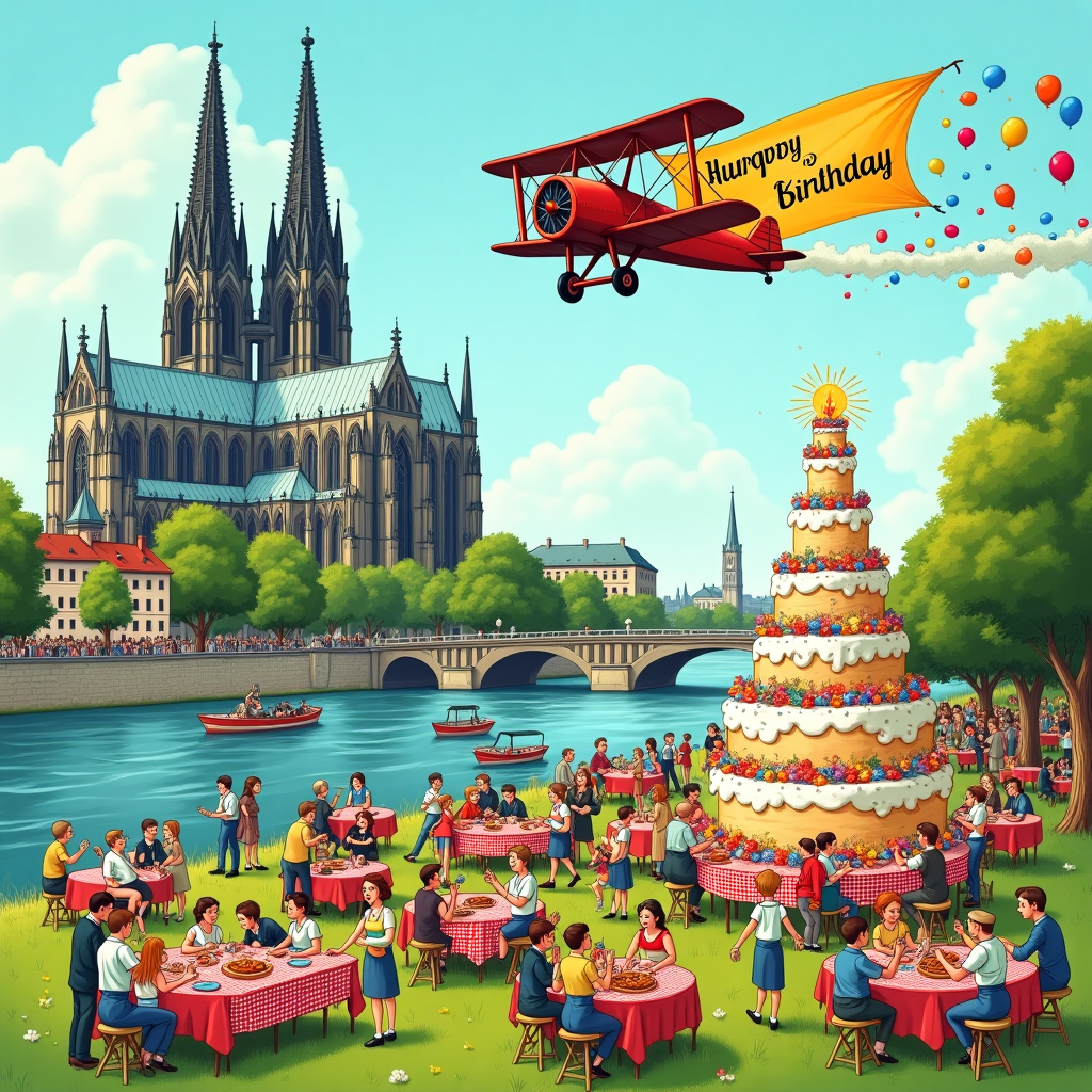 **Front Cover Concept:**

Imagine a lively and bustling scene set against the iconic backdrop of Cologne, Germany. The illustration is a delightful mix of intricate details and playful humor, reminiscent of Norman Rockwell’s storytelling and Quentin Blake’s whimsical lines. Here's a detailed breakdown for the artist:

1. **Background & Setting:**
   - The famous Cologne Cathedral towers majestically in the background, depicted with intricate gothic details. Its spires are reaching towards the sky, beautifully drawn in shades of grey and black.
   - Below, the Rhine River meanders through the scene, reflecting a soft blue with hints of green, as if the surface is dancing with light.
   - On the river, colorful boats are bustling by, adorned with tiny, waving partygoers.

2. **Main Scene:**
   - In the foreground, a large, bustling birthday celebration unfolds in a park setting. Lush green grass with bursts of wildflowers creates a vibrant carpet.
   - Numerous tables are set up, each covered with gingham cloths in red and white. These tables are brimming with food and drink—an array of sausages, pretzels, and steins of foamy beer that pays homage to the local culture.
   - A diverse crowd of cartoonish characters, drawn with expressive features, are engaged in various activities: dancing, toasting, and singing.
   - A massive birthday cake towers on one table, decorated with sparklers and bright icing. In a playful nod, the top of the cake features a tiny, hand-painted banner that reads “Verena.”

3. **Aerial Elements:**
   - Above this scene, a small vintage biplane zooms through the sky, its propellers spinning furiously. The plane is depicted in a rich, cherry red.
   - Trailing behind the plane is a large banner, fluttering in the wind. In bold, playful letters, it reads, “Happy Birthday from your Homies!” The banner itself is a vibrant yellow, providing a cheerful contrast against the deep azure of the sky.

4. **Additional Details:**
   - Scattered balloons in primary colors—red, blue, and yellow—float joyfully above the crowd, some gently tethered to wrists.
   - Small children, reminiscent of characters from Maurice Sendak's illustrations, chase after a group of friendly dachshunds dressed in tiny party hats.
   - Overhead, a few fluffy, cartoonish clouds drift lazily, with a few birds sketched in the style of Arthur Rackham, lending an air of whimsy.

The entire scene is rendered in a blend of watercolor washes and pen-and-ink, capturing a sense of detail and movement while maintaining a playful, illustrative quality. The combination of detailed architecture and lively characters creates a joyous tapestry that celebrates both the city and the spirit of birthday festivities.
Generated with these themes: A large birthday celebration happening in Cologne with a banner flying the air from an aeroplane saying 'Happy Birthday from your Homies!'.
Made with ❤️ by AI.