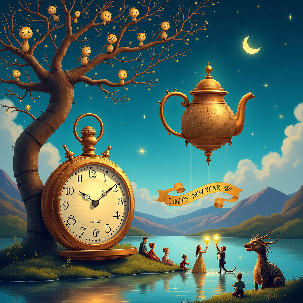 In this surreal New Year's greeting card illustration, the scene unfolds on a whimsical, fantastical landscape that balances elements of enchantment and eccentricity. The foreground features a gigantic, ornate pocket watch reminiscent of Salvador Dalí's "The Persistence of Memory," its hands frozen at midnight, signifying the moment of transition into the new year. This watch sits partially submerged in a vibrant, reflective lake that shimmers with iridescent hues of blue, purple, and silver, capturing the essence of Maurice Sendak's and Arthur Rackham's dreamy settings.

Emerging from the water is a tall, twisting tree, its branches adorned with countless delicate, twinkling fairy lights and peculiar, golden pocket-sized creatures, a nod to Beatrix Potter's endearing fauna. Perched among the branches are charming, animated clocks with faces, each engaging in cheerful chatter, echoing Edward Gorey's playfulness. In the background, the landscape extends into rolling hills that merge into a sky painted with Maxfield Parrish's signature luminous twilight blues and oranges.

Amidst this whimsical scenery, a surreal airship shaped like a giant, floating teapot drifts across the sky, an element inspired by Quentin Blake's quirky imagination. Suspended beneath the teapot is a flowing banner, emblazoned with a celebratory message: "Happy New Year, Parviz!" The letters of "Parviz" are creatively interwoven with stars and ethereal clouds, adding a magical touch to the scene.

On the ground, a small group of characters reminiscent of Norman Rockwell's everyday people, dressed in elaborate, Beardsley-inspired Edwardian costumes, are seen merrily clinking glasses filled with a shimmering, golden liquid. Nearby, a friendly dragon, reminiscent of those illustrated by N.C. Wyeth, toasts with them, his scales catching the light like a mosaic of precious gems. In this enchanted celebration, every element comes together to craft a captivating New Year story for Parviz.
Generated with these themes: Happy new year wish you the greates.
Made with ❤️ by AI.